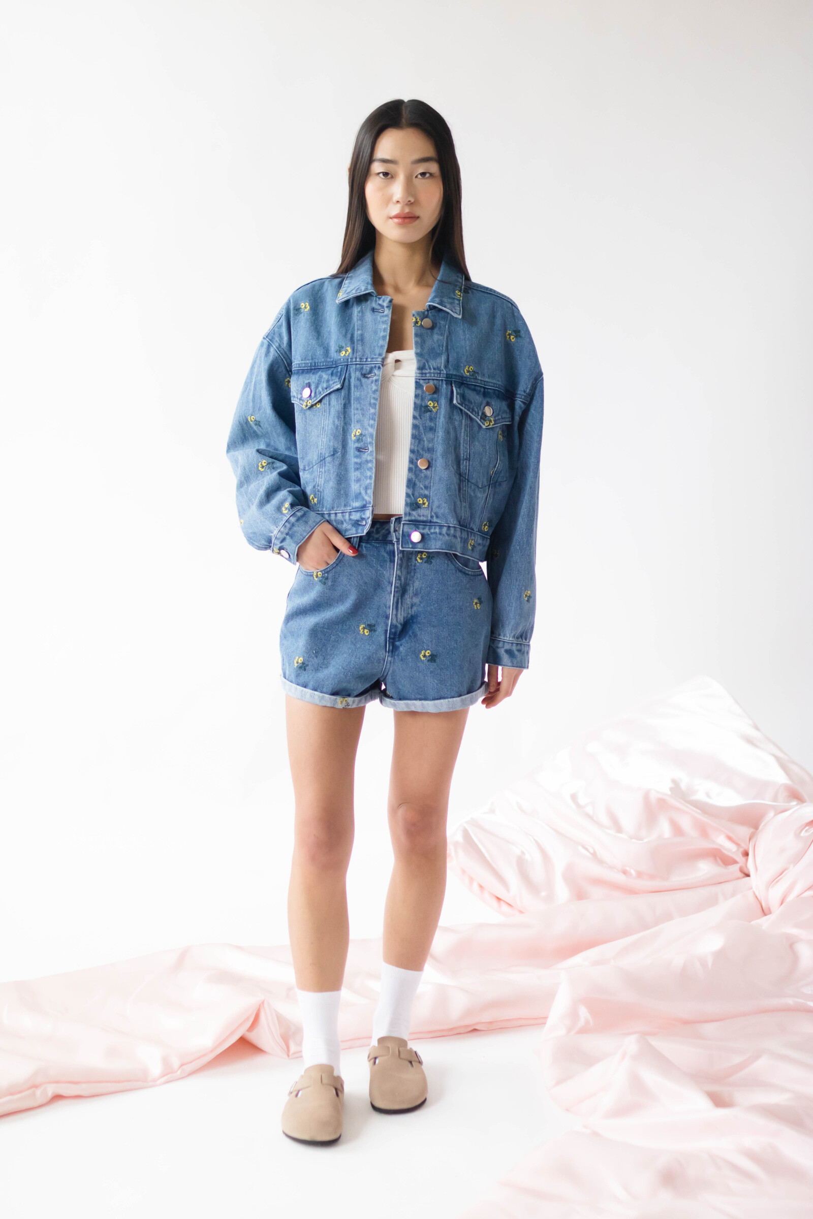 All-over embroidered denim shorts
