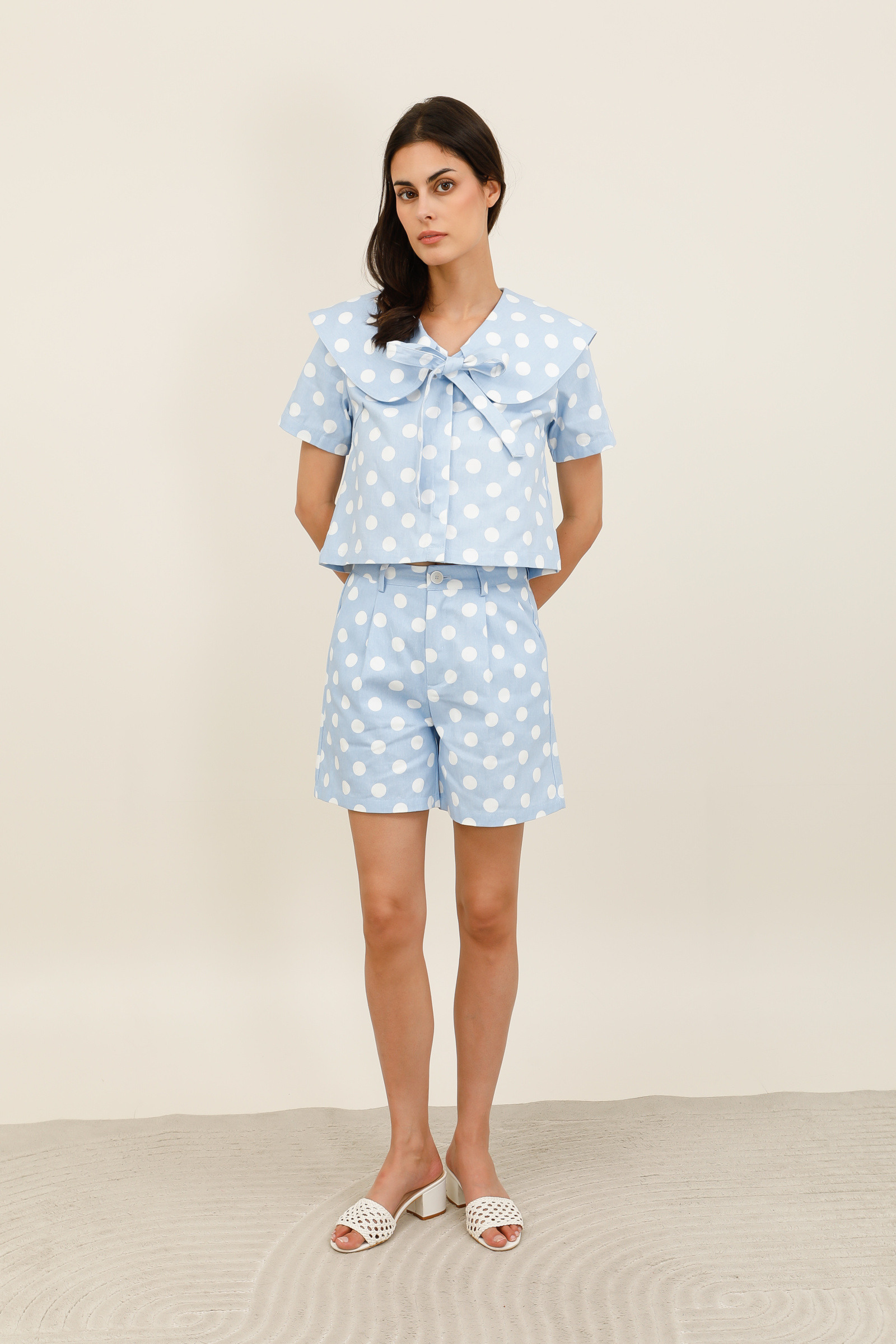 Wholesaler DAPHNEA - Sky blue women's high-waisted polka dot bermuda shorts in retro chic style