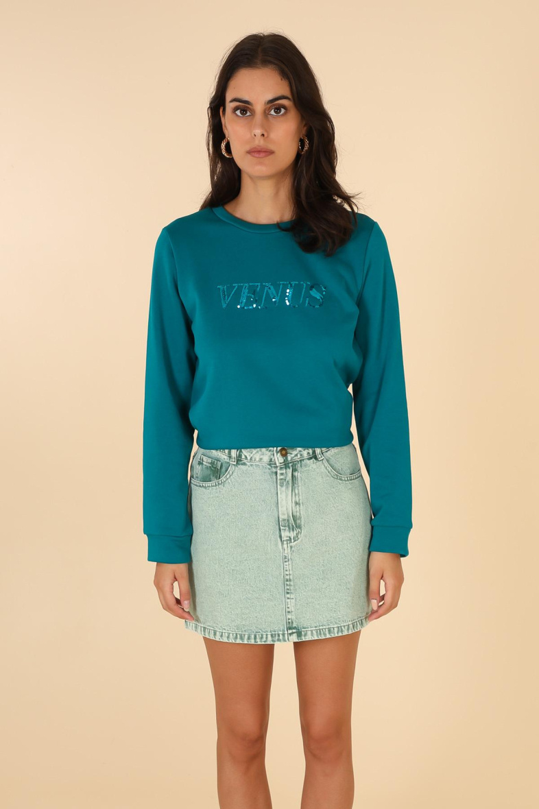 Wholesaler DAPHNEA - Women's green sweatshirt with sequin message VENUS