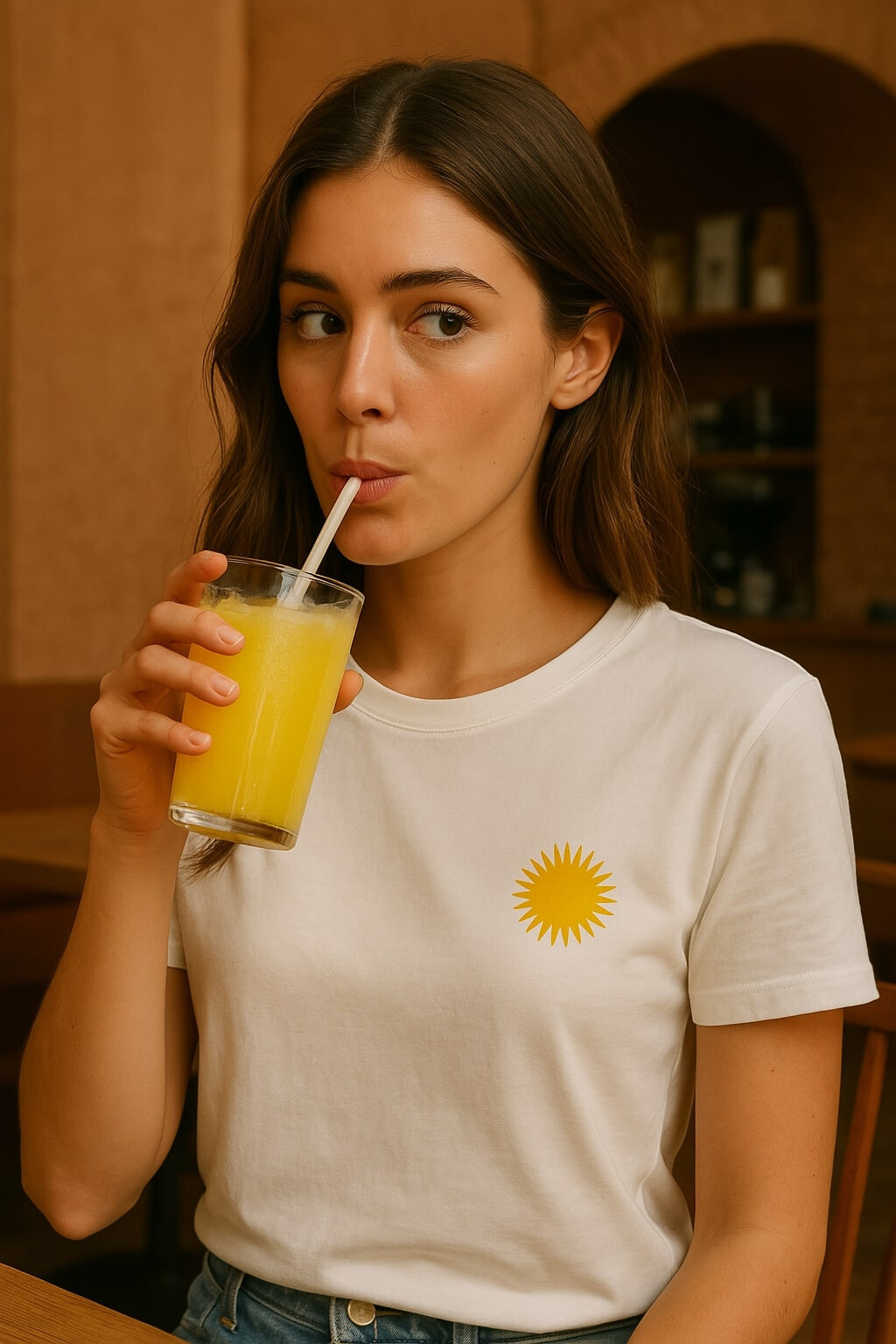 White T-shirt with short sleeves and round neck
Yellow sun print on the front side ?
Inscription 