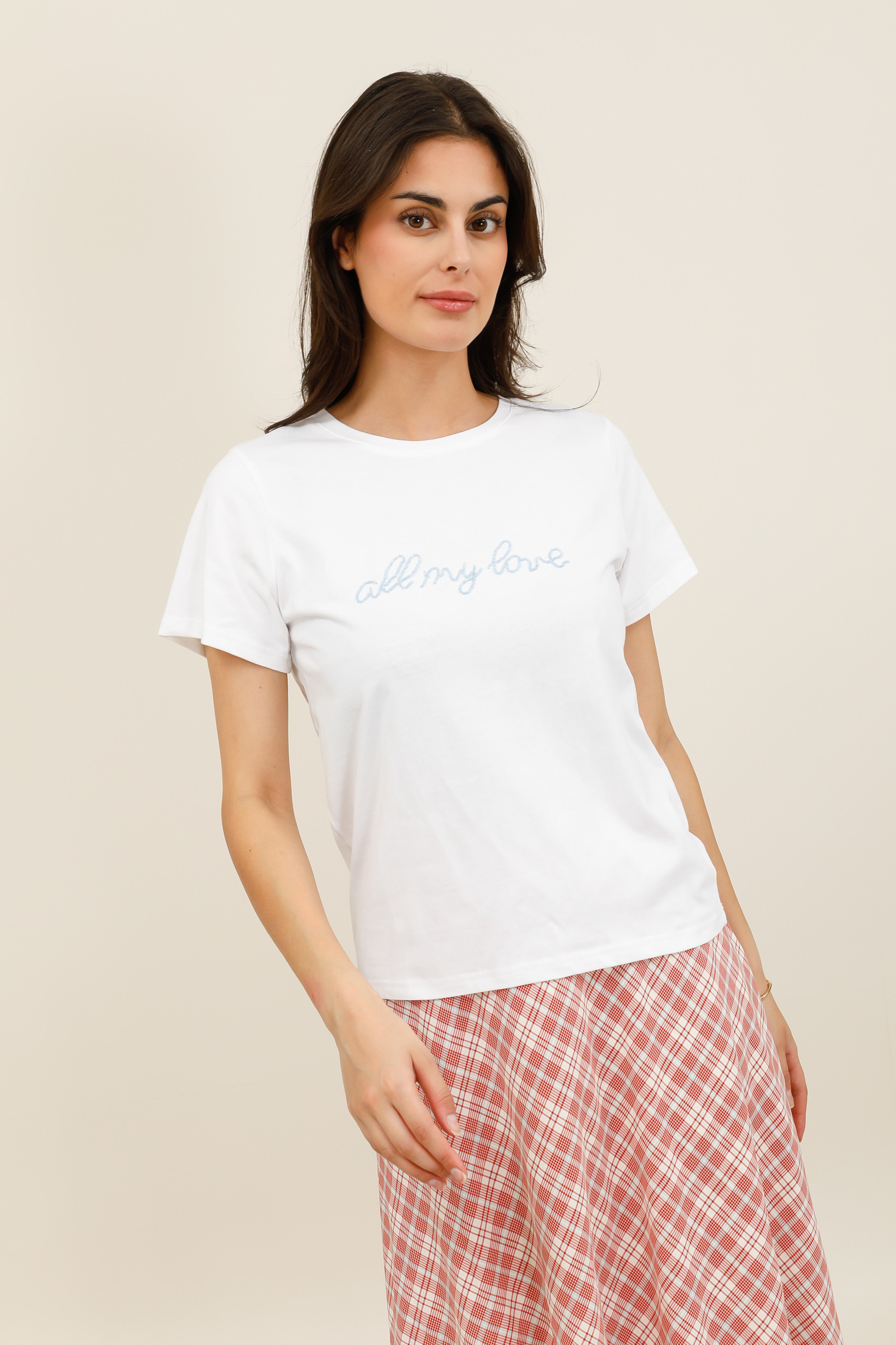 Mayorista DAPHNEA - Camiseta de mujer con inscripción 'all my love' en perlas, mangas cortas