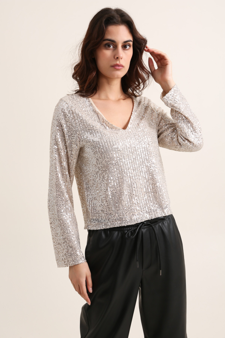 Wholesaler DAPHNEA - Long sleeve sequin V-neck top
