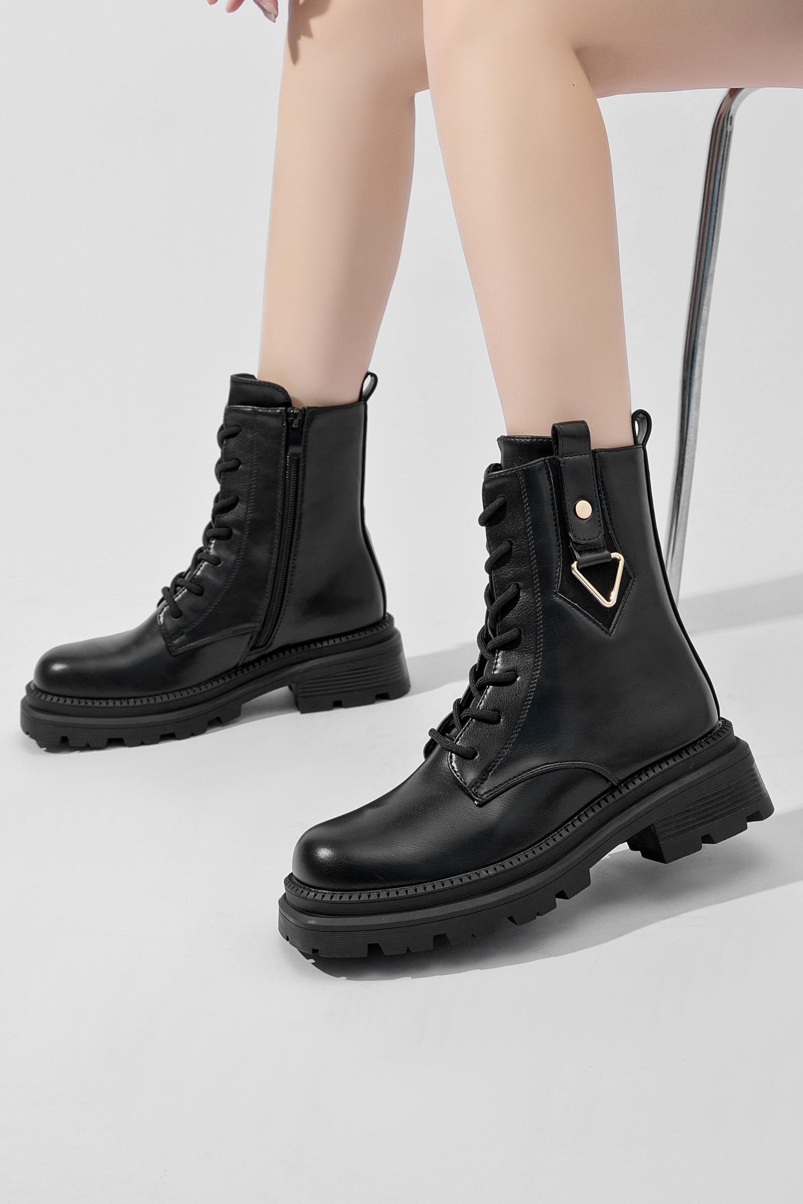 Wholesaler DAY-VINE - Women's lace-up combat boots with triangular charm Punk Preppy College Neutral Fashion Chic Elegant Basic Casual Leisure Business Work Style Sexy Fairy Side Zipper Lace-up Festival