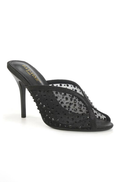 Grossista DAY-VINE - Mules in rete incrociata con strass – Punta aperta con tacco a spillo metallico Grossista DAY-VINE - Mules in rete incrociata con strass – Punta aperta con tacco a spillo metallico