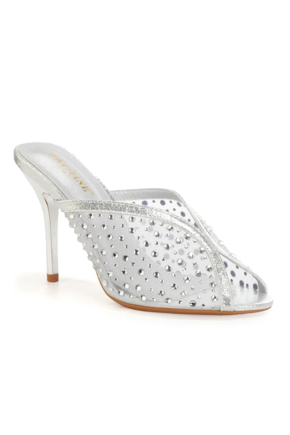 Grossista DAY-VINE - Mules in rete incrociata con strass – Punta aperta con tacco a spillo metallico Grossista DAY-VINE - Mules in rete incrociata con strass – Punta aperta con tacco a spillo metallico