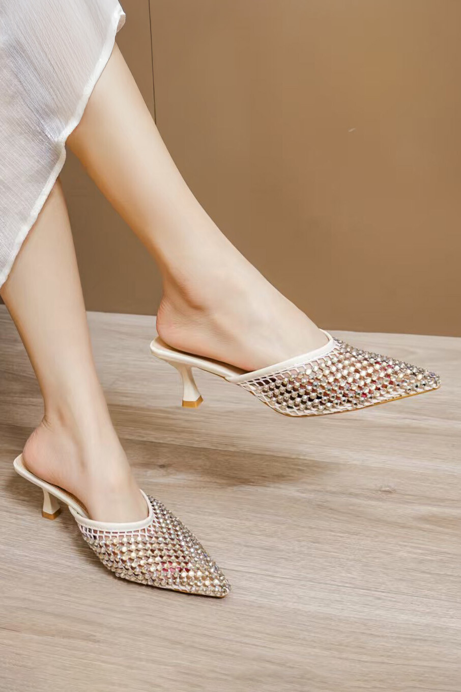 Wholesaler DAY-VINE - Mesh mules with rhinestones – Pointed toe, sleek stiletto heel