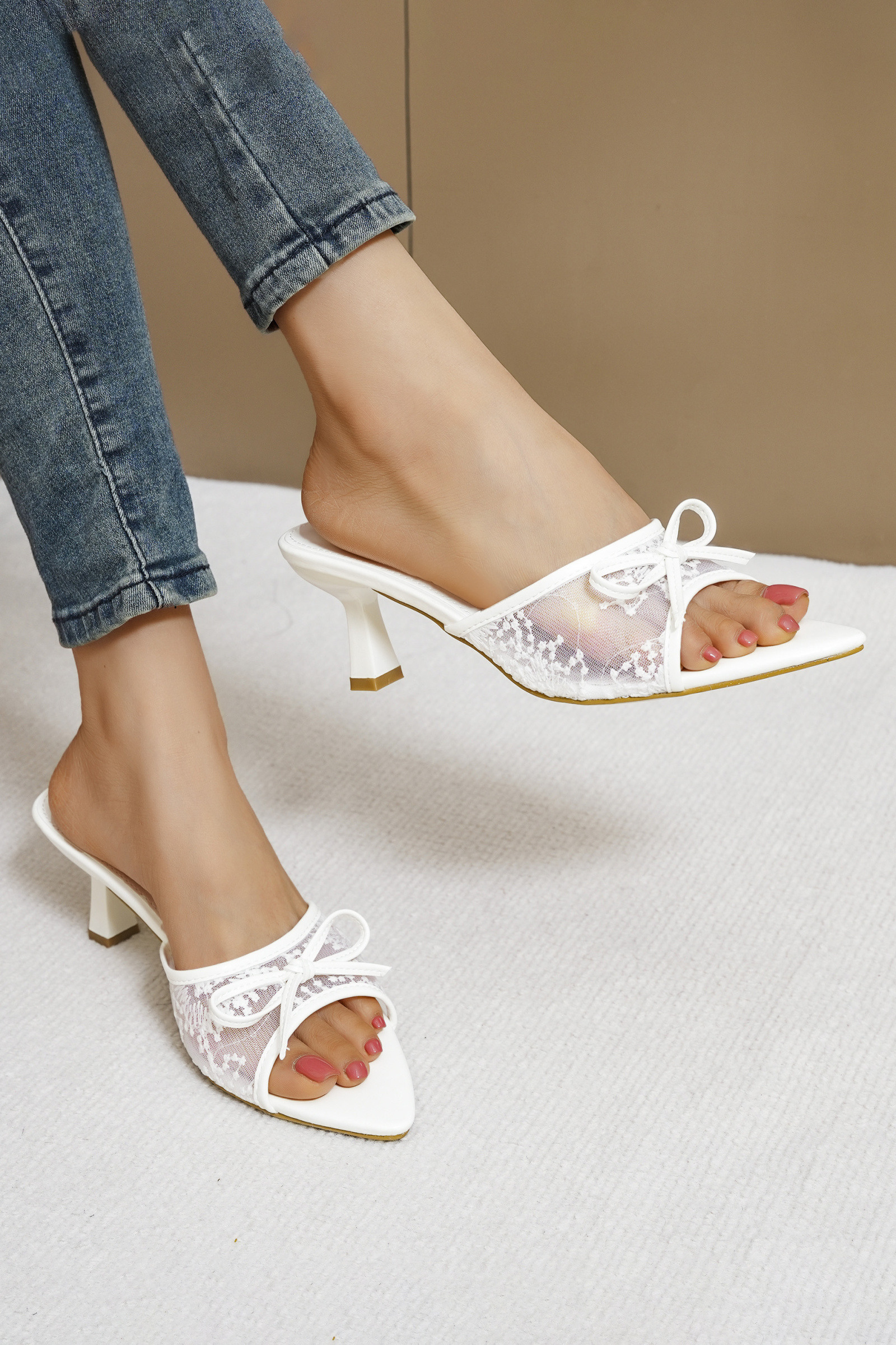 Wholesaler DAY-VINE - Lace sequin bow mules – Kitten heel open square toe