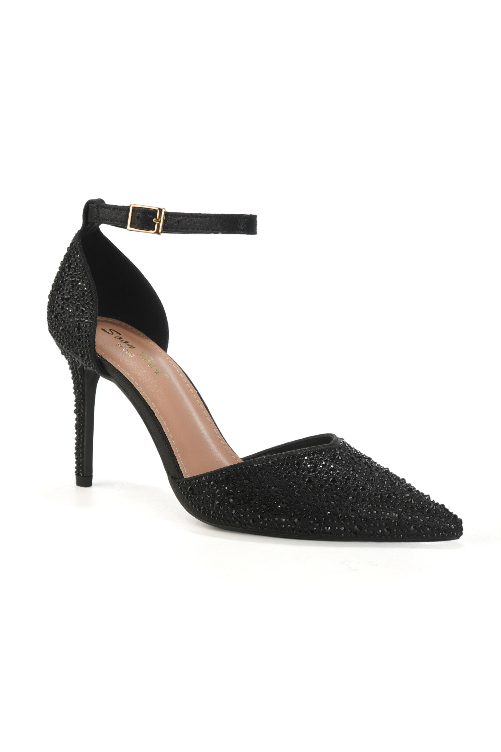 Wholesaler DAY-VINE - Black rhinestone ankle strap pumps – Pointed toe stiletto heel
