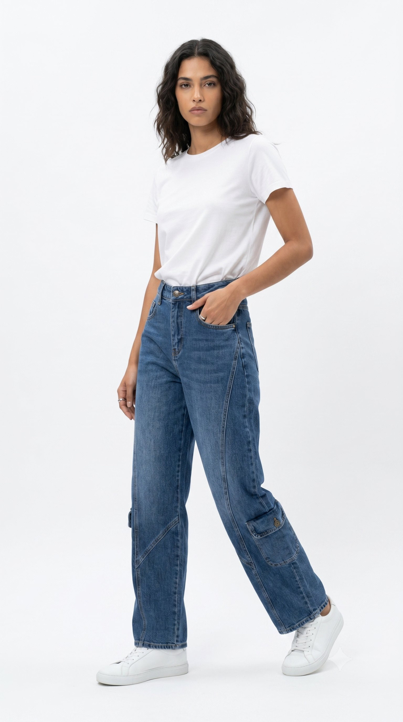 Grossiste Daysie - Pantalon large en denim bleu moyen avec poches cargo