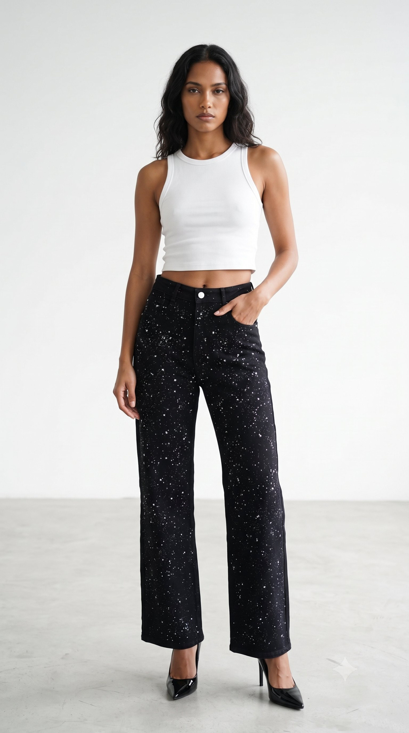 Wholesaler Daysie - High-Waisted Black Jeans with Wide Legs and Starry Sequins