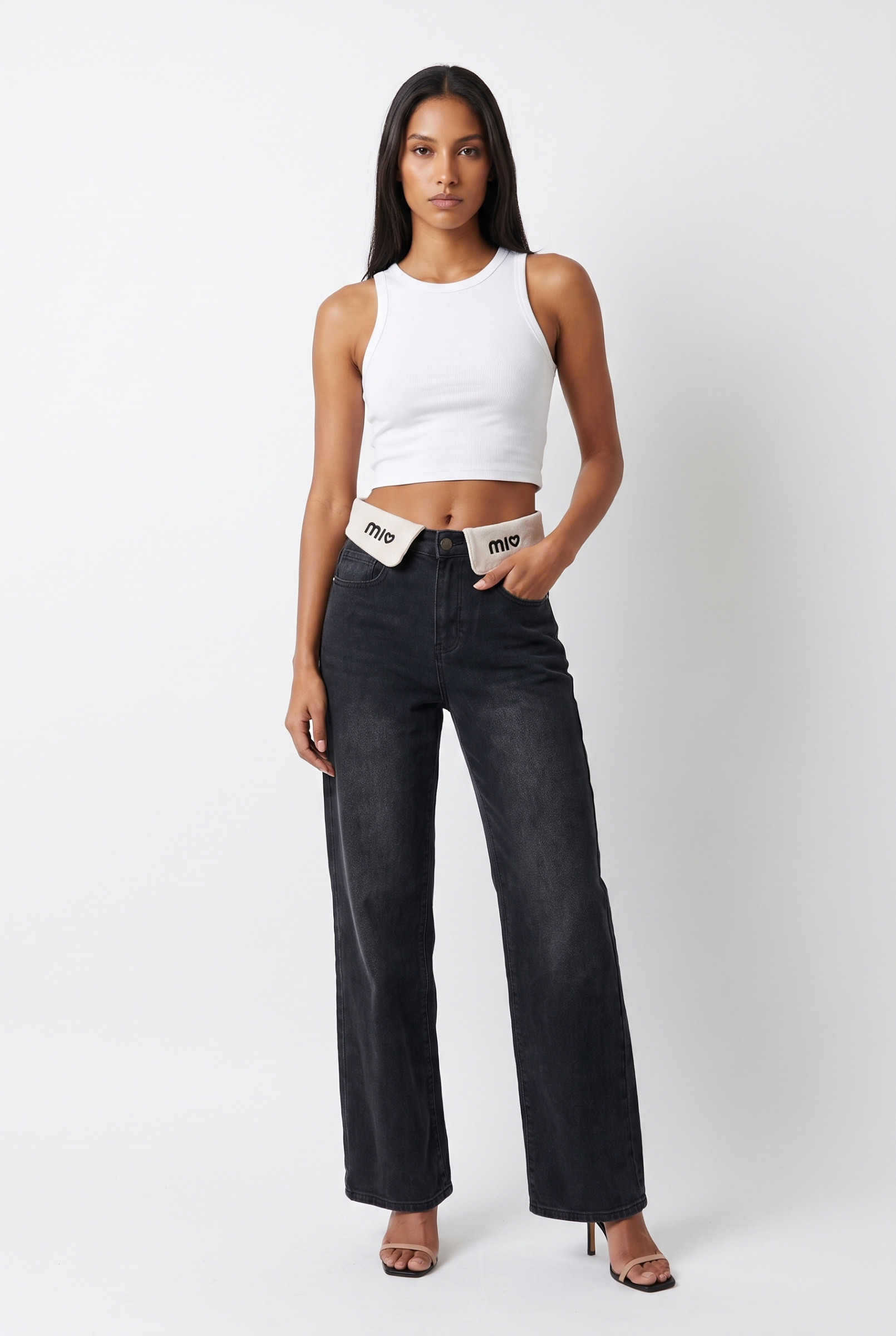 Wholesaler Daysie - Denim Pants with Contrasting White Cuff at the Waist