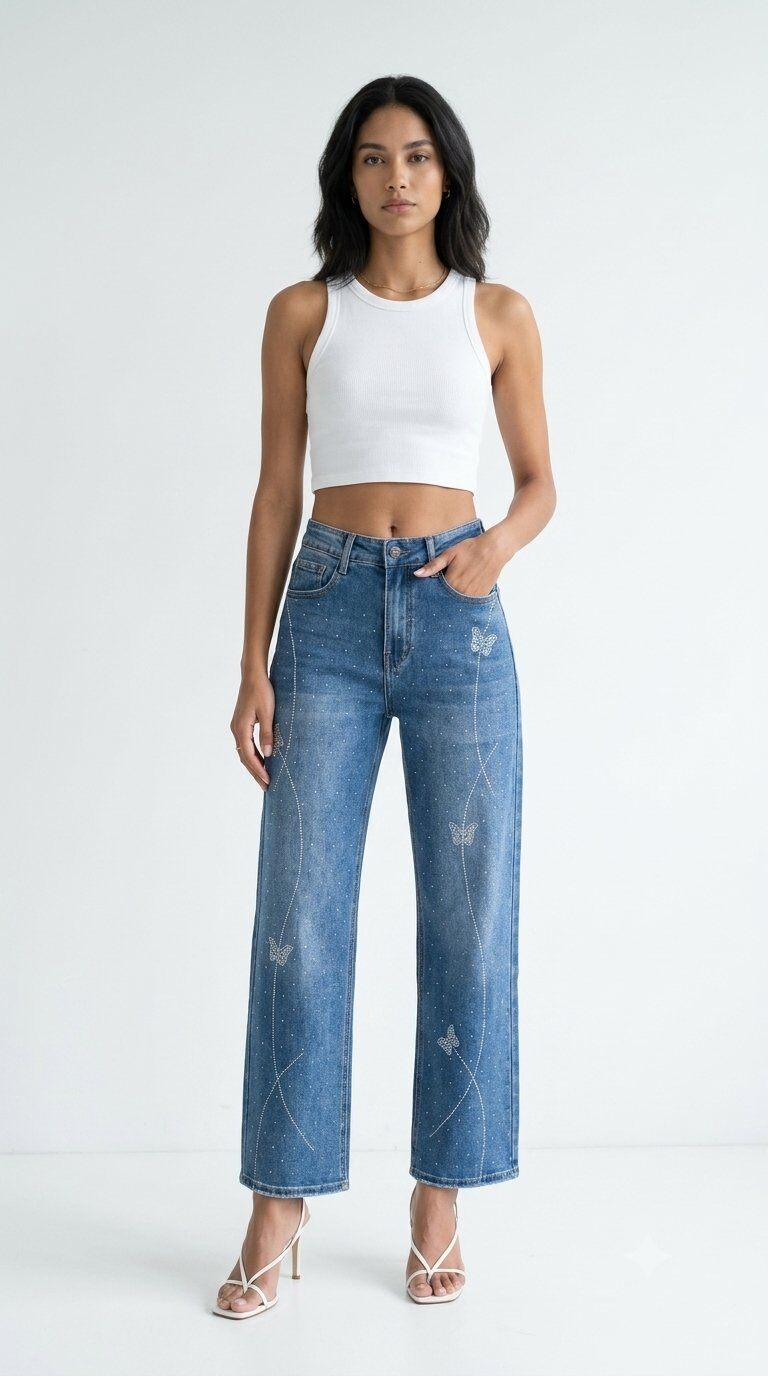 Grossiste Daysie - Jean Droit Taille Haute à Motifs Papillons