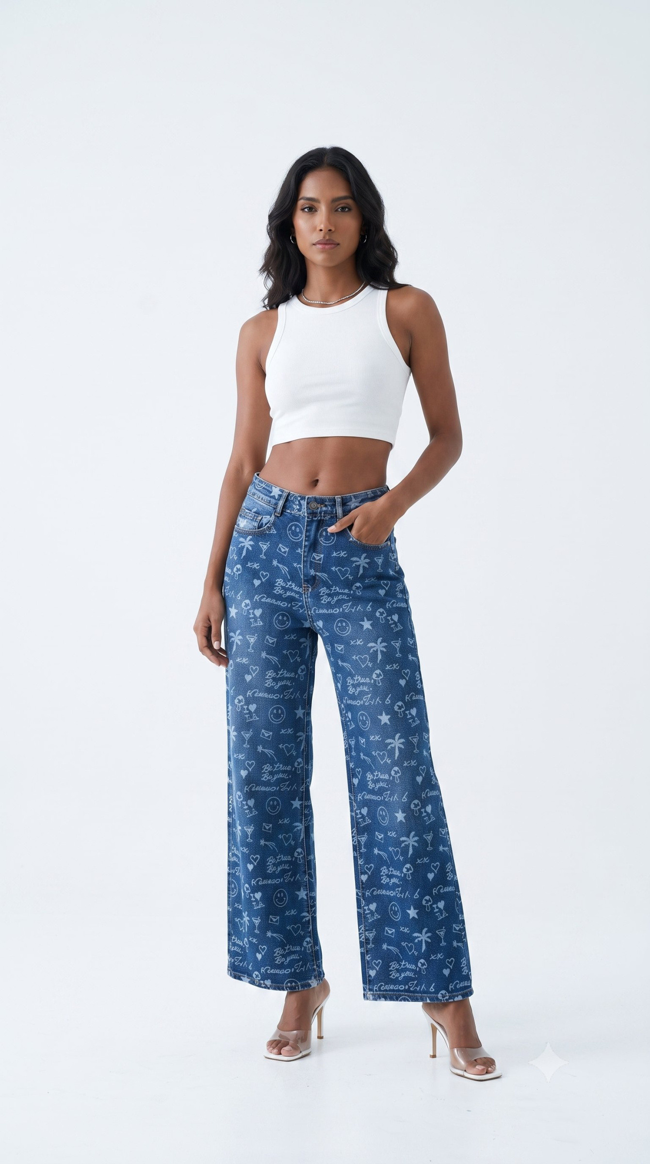 Grossiste Daysie - Pantalon en Jean Droit avec Imprimé Dessins