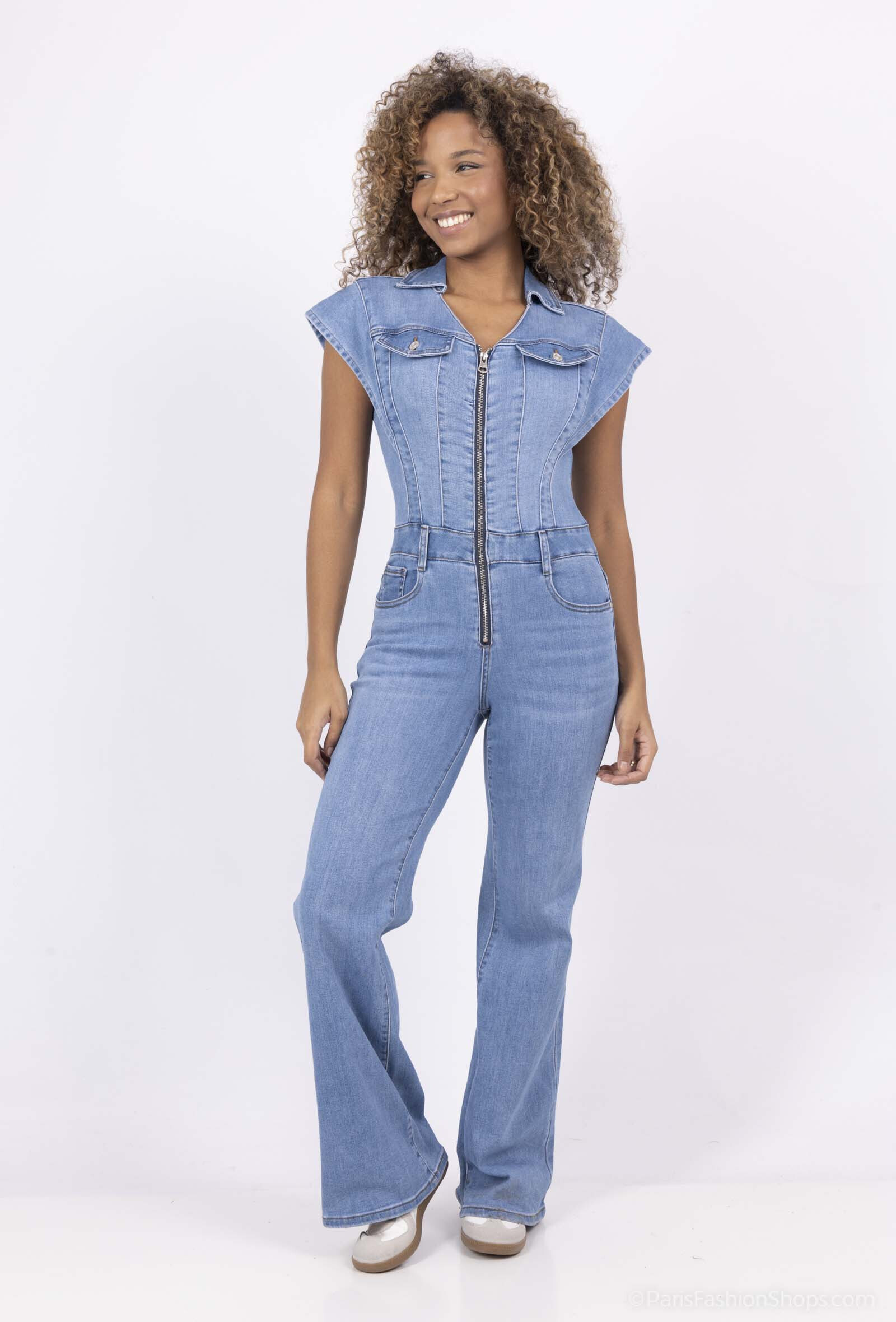 Wholesaler DENIM LIFE - Stretch denim jumpsuit with gold buttons