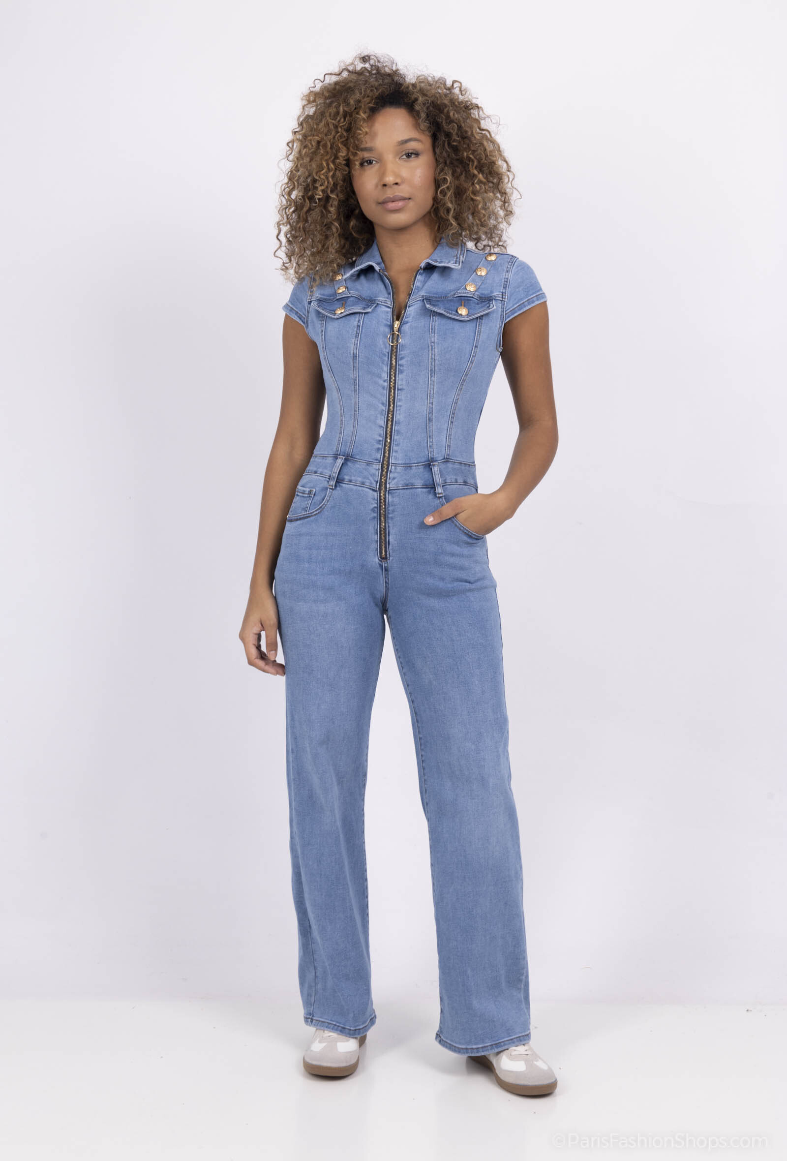 Mayorista DENIM LIFE - Mono denim elástico con botones dorados
