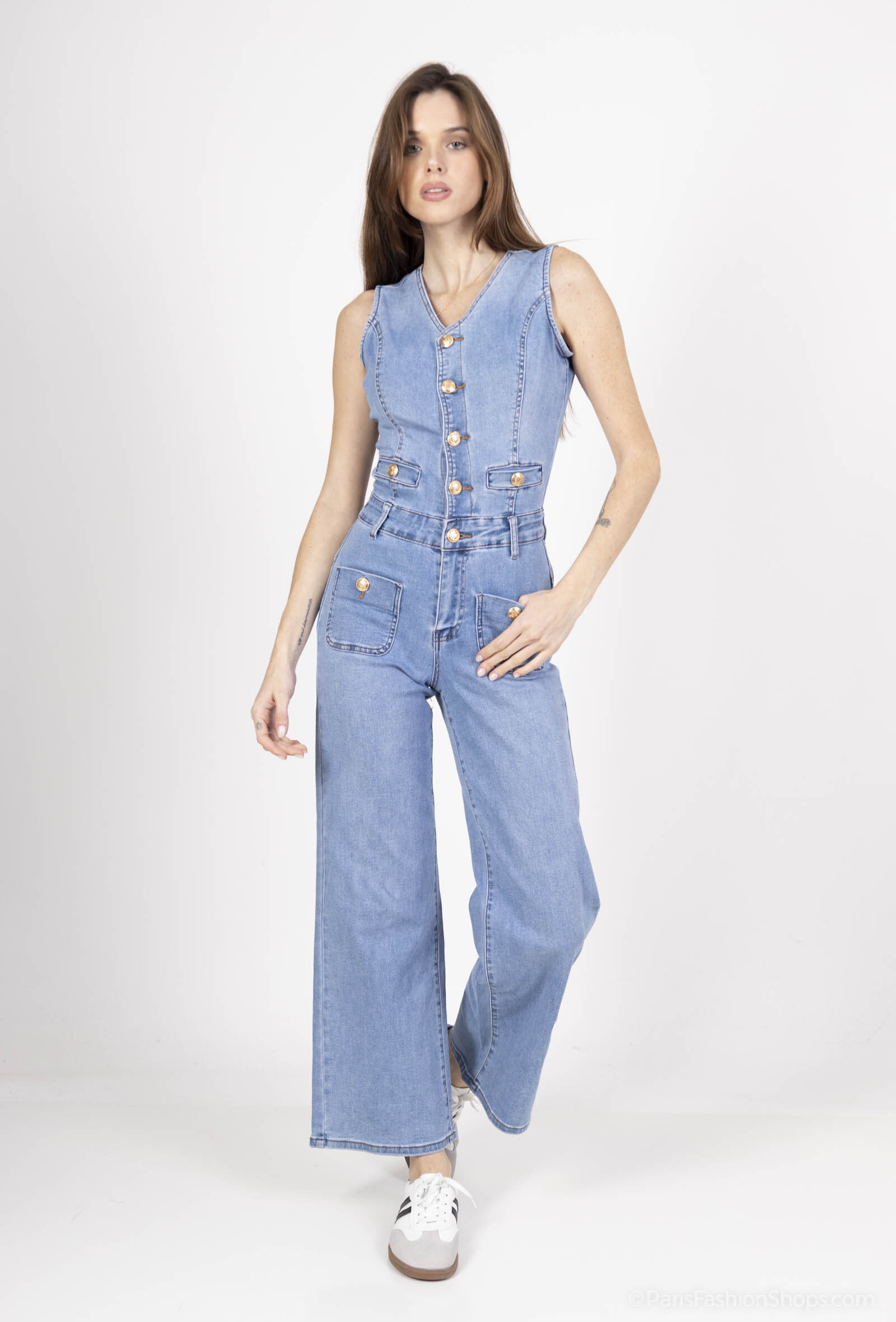 Wholesaler DENIM LIFE - Stretch denim jumpsuit with gold buttons