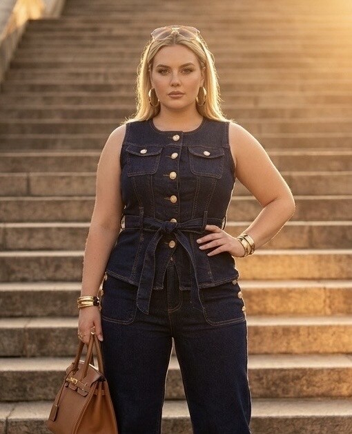 Grossista DENIM LIFE - Giacca oversize in denim elasticizzato taglia grande con bottoni dorati