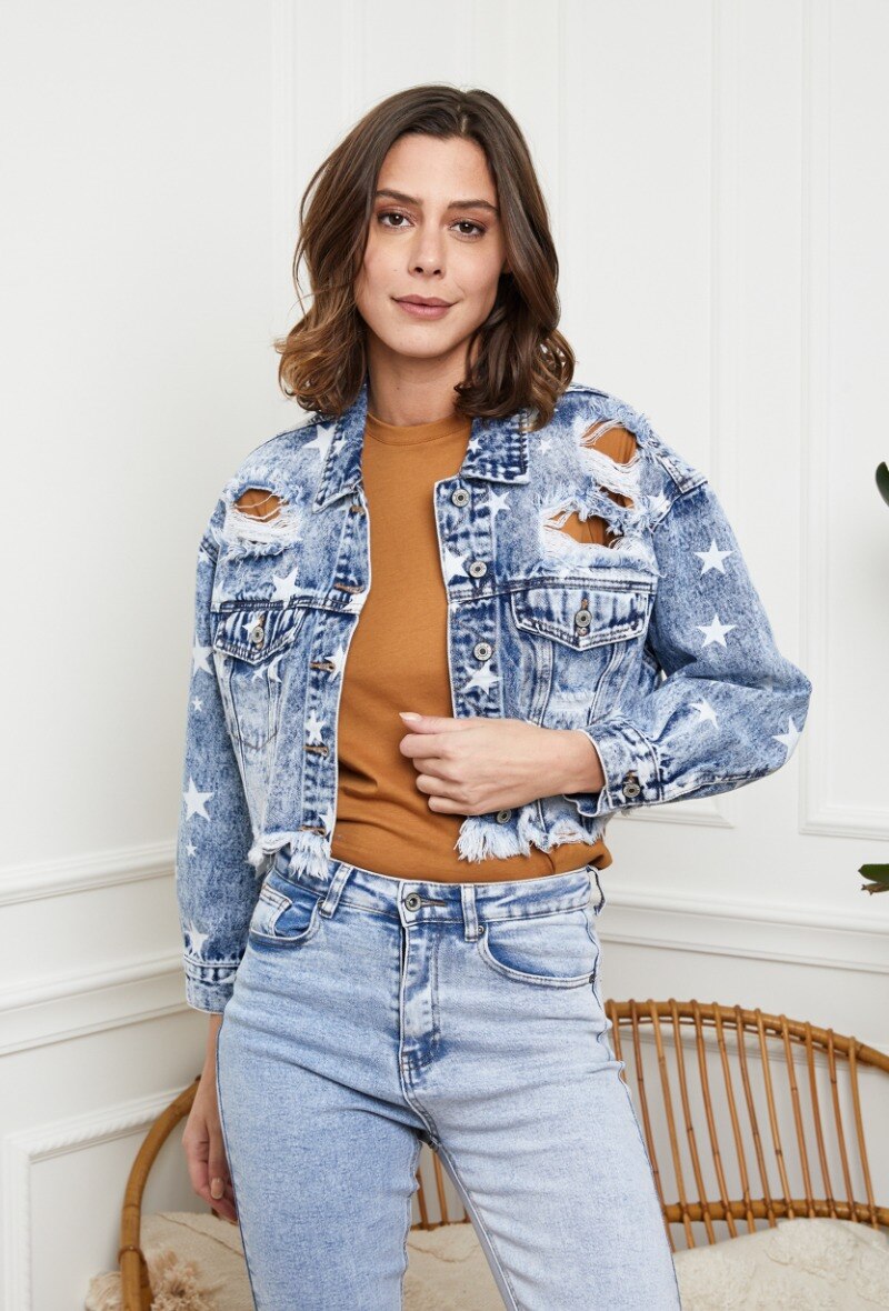 Wholesaler DENIM LIFE - Ripped cropped oversized denim jacket with printed stars
