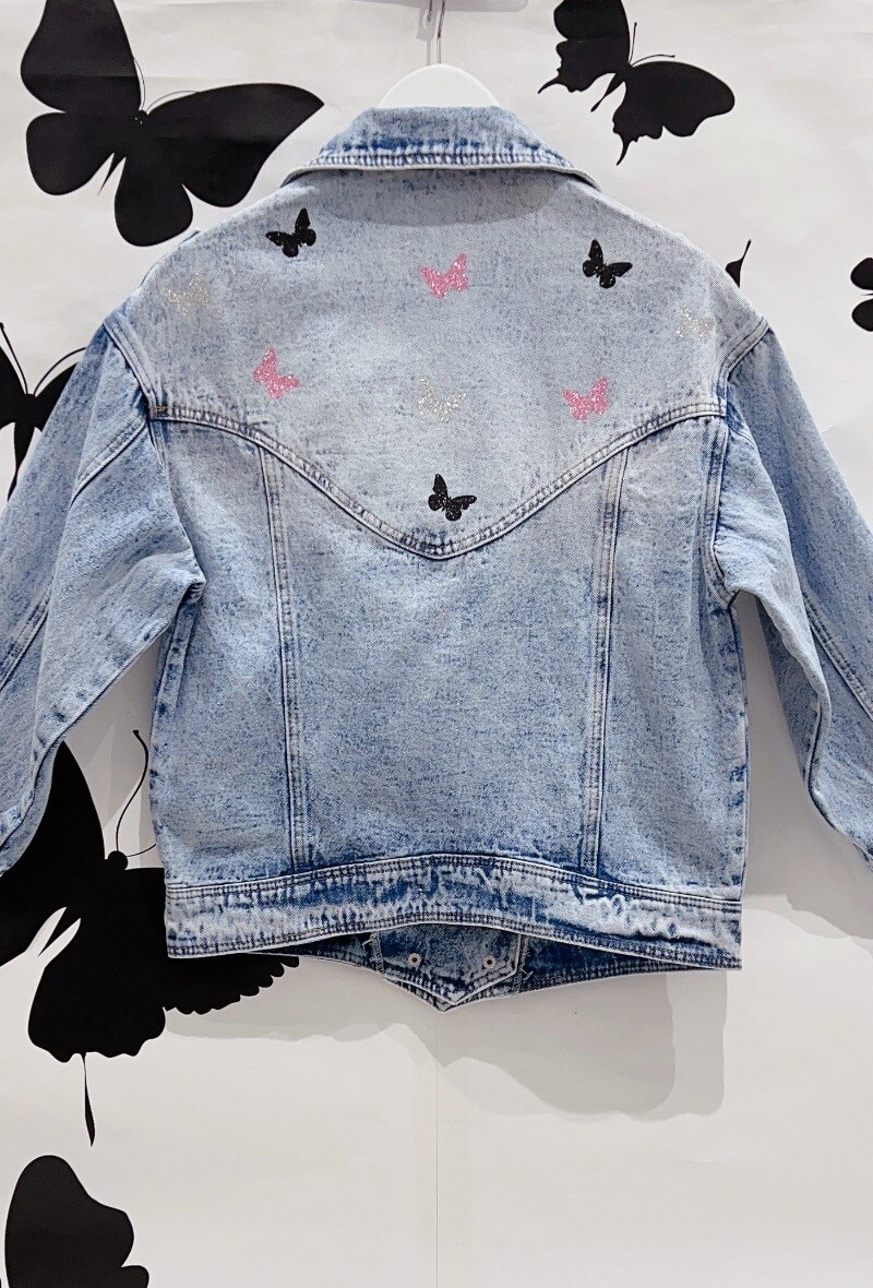 Wholesaler DENIM LIFE - Oversized denim jacket with sequin butterflies on the back