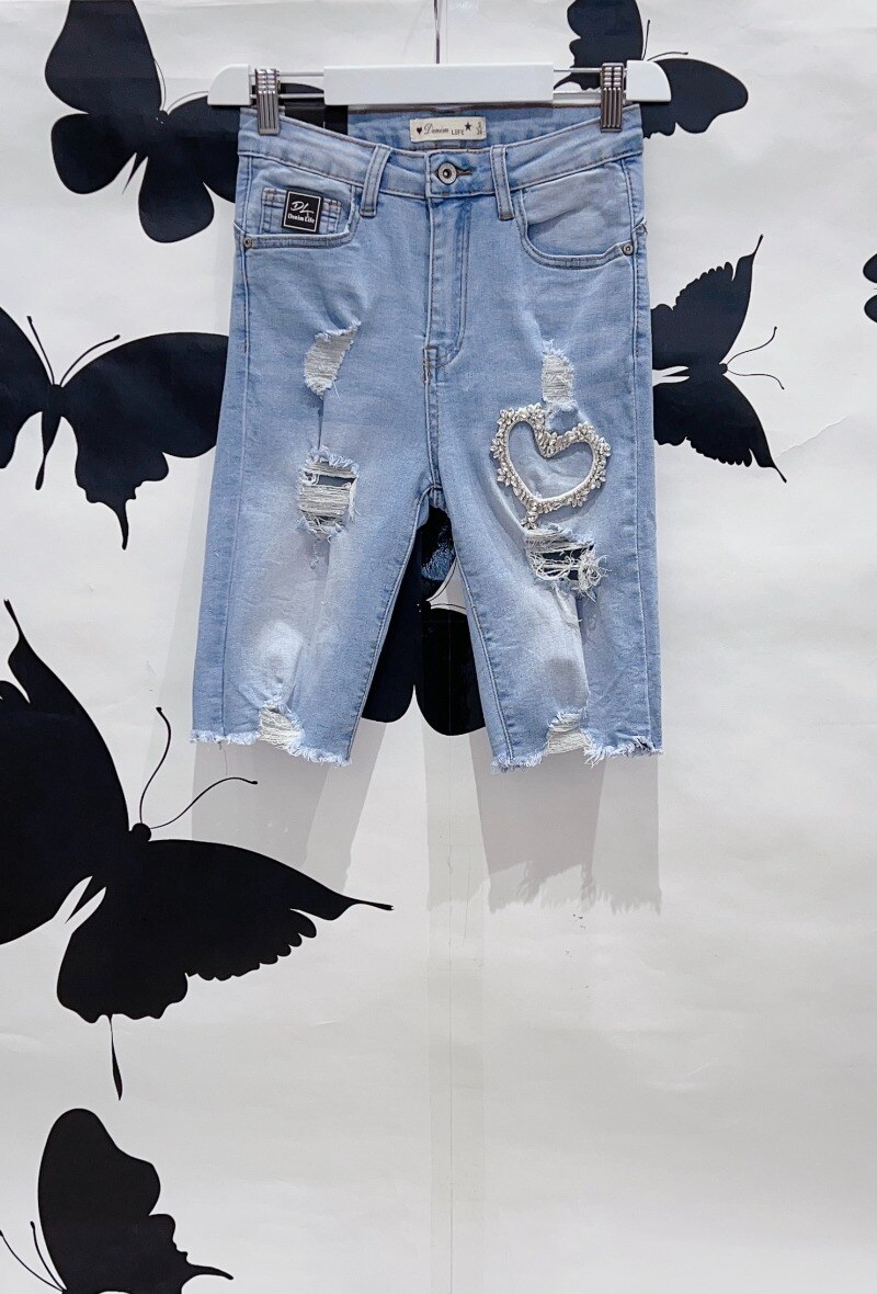 Wholesaler DENIM LIFE - Ripped denim Bermuda shorts with diamond heart