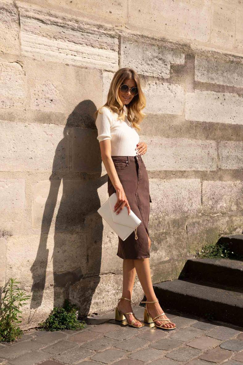 Wholesaler DENIM LIFE - Cargo stretch denim midi skirt