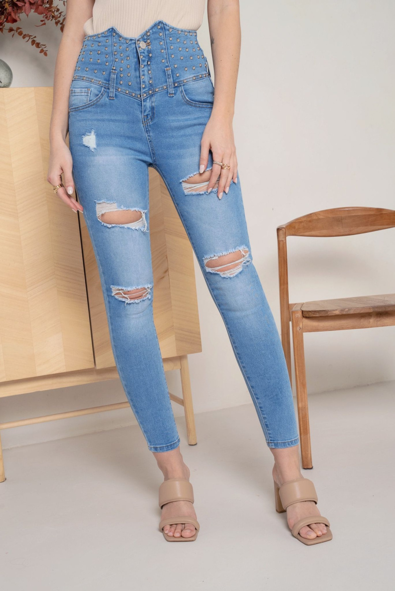 Grossiste DENIM LIFE - Jean skinny stretch déchiré avec clou