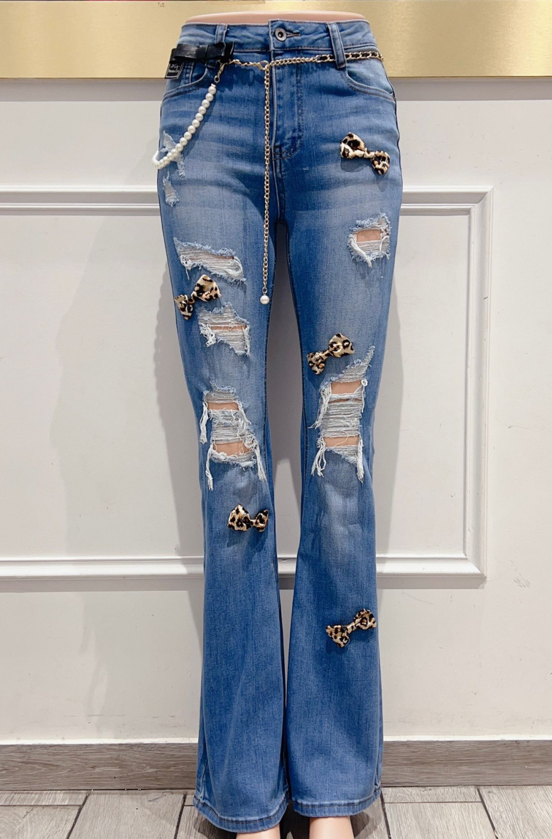 Großhändler DENIM LIFE - Zerrissene Skinny-Flare-Jeans aus Stretch mit Kette