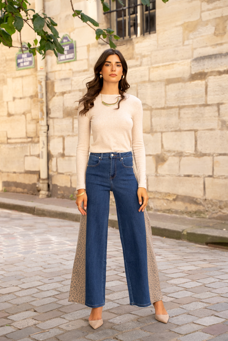 Wholesaler DENIM LIFE - Stretch palazzo jeans with leopard print