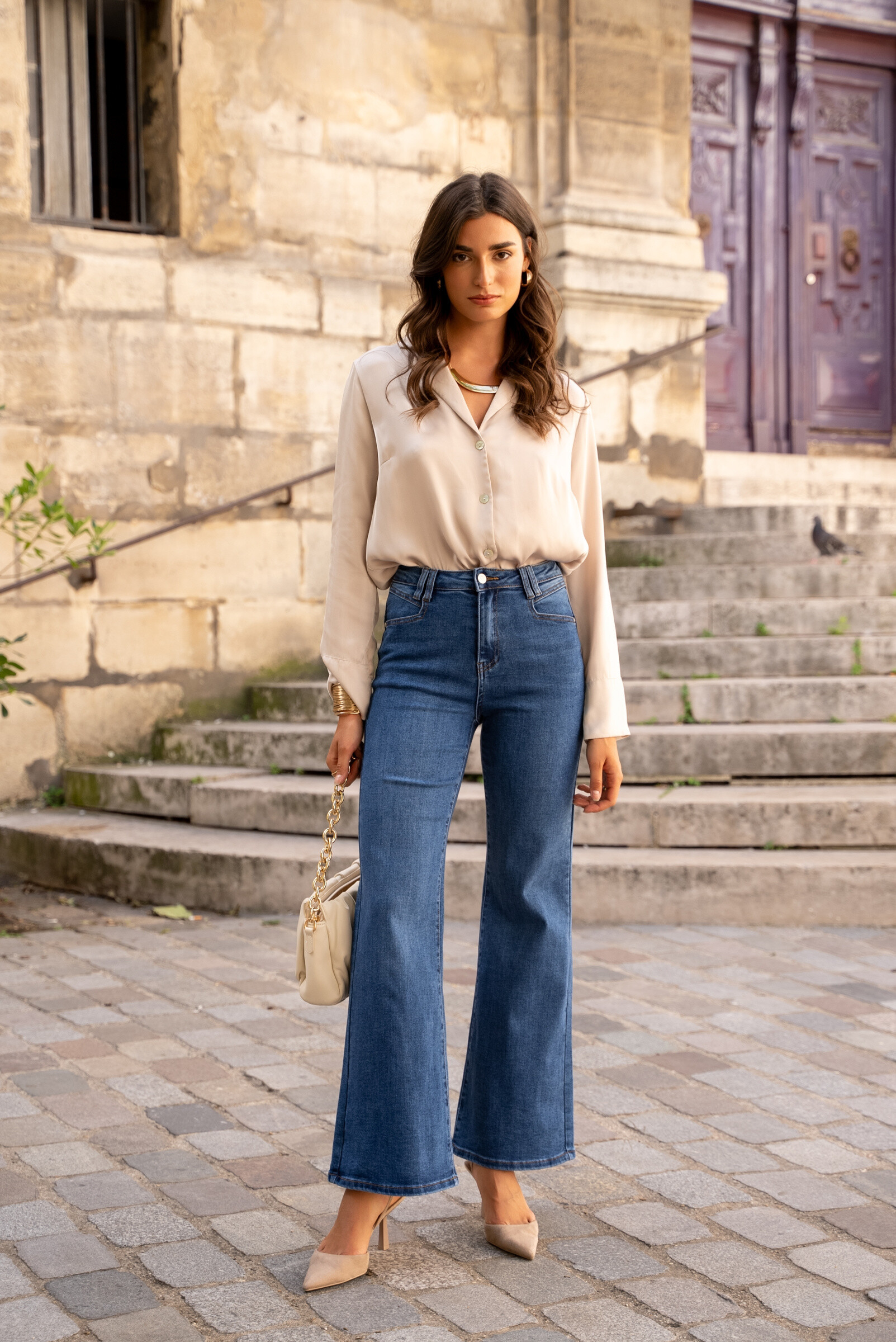 Wholesaler DENIM LIFE - Stretch wide flare jeans with buttons