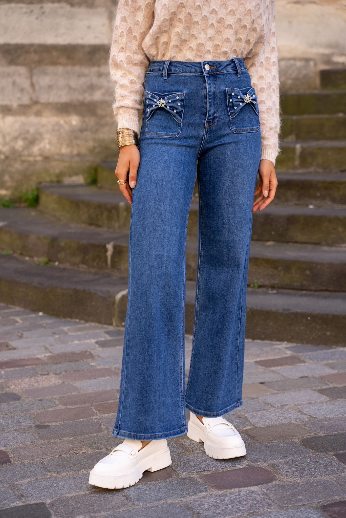 Wholesaler DENIM LIFE - Super wide leg stretch jeans with bow ties
