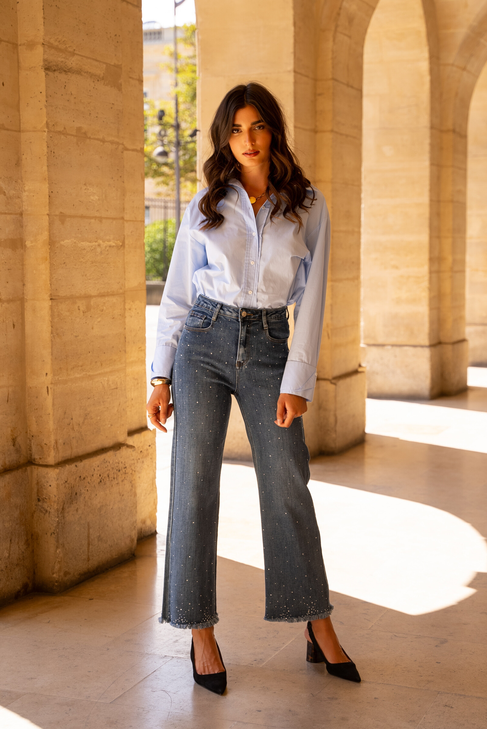 Grossiste DENIM LIFE - Jean jambe large stretch avec strass