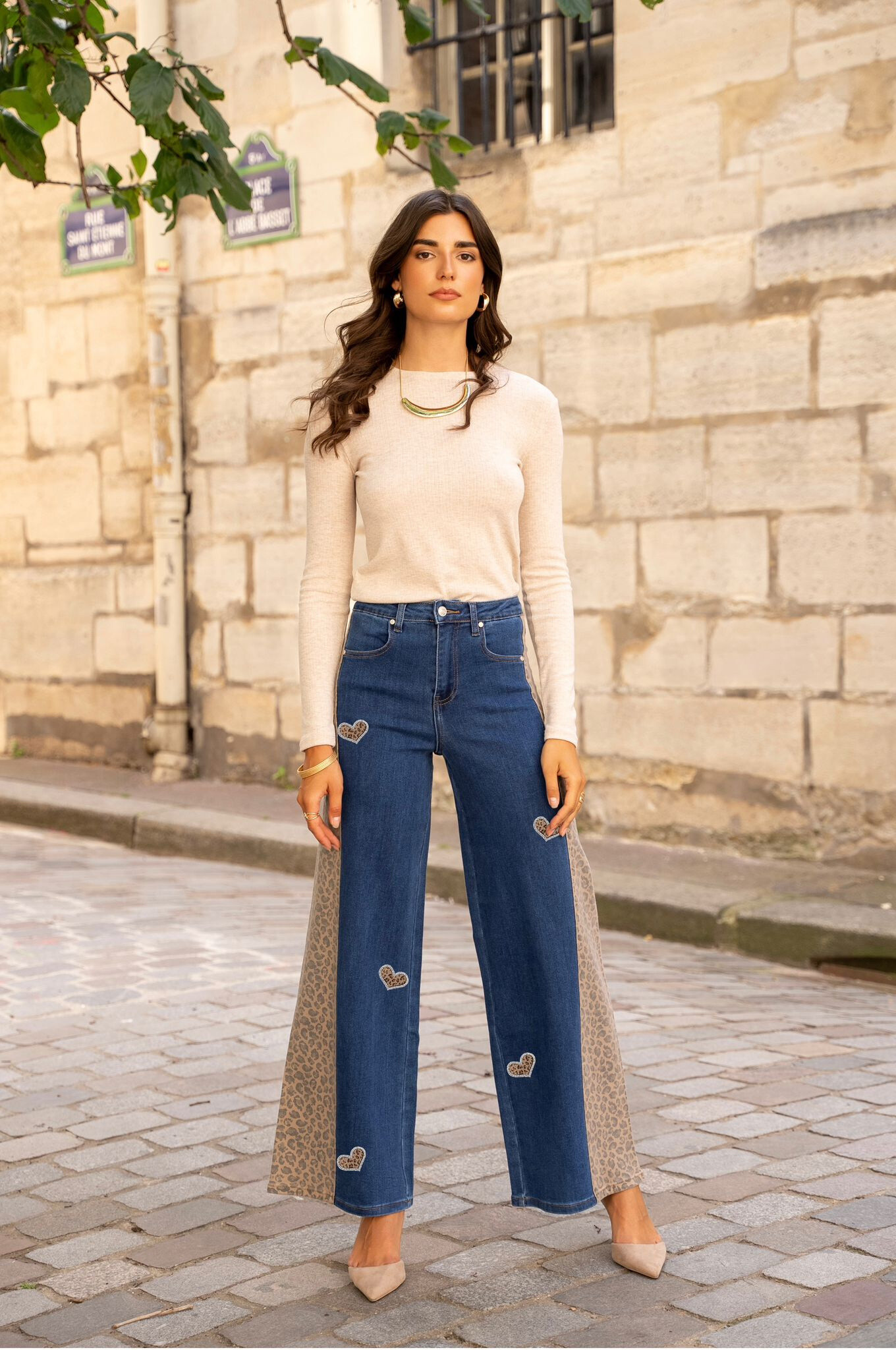 Wholesaler DENIM LIFE - Stretch palazzo jeans with leopard print