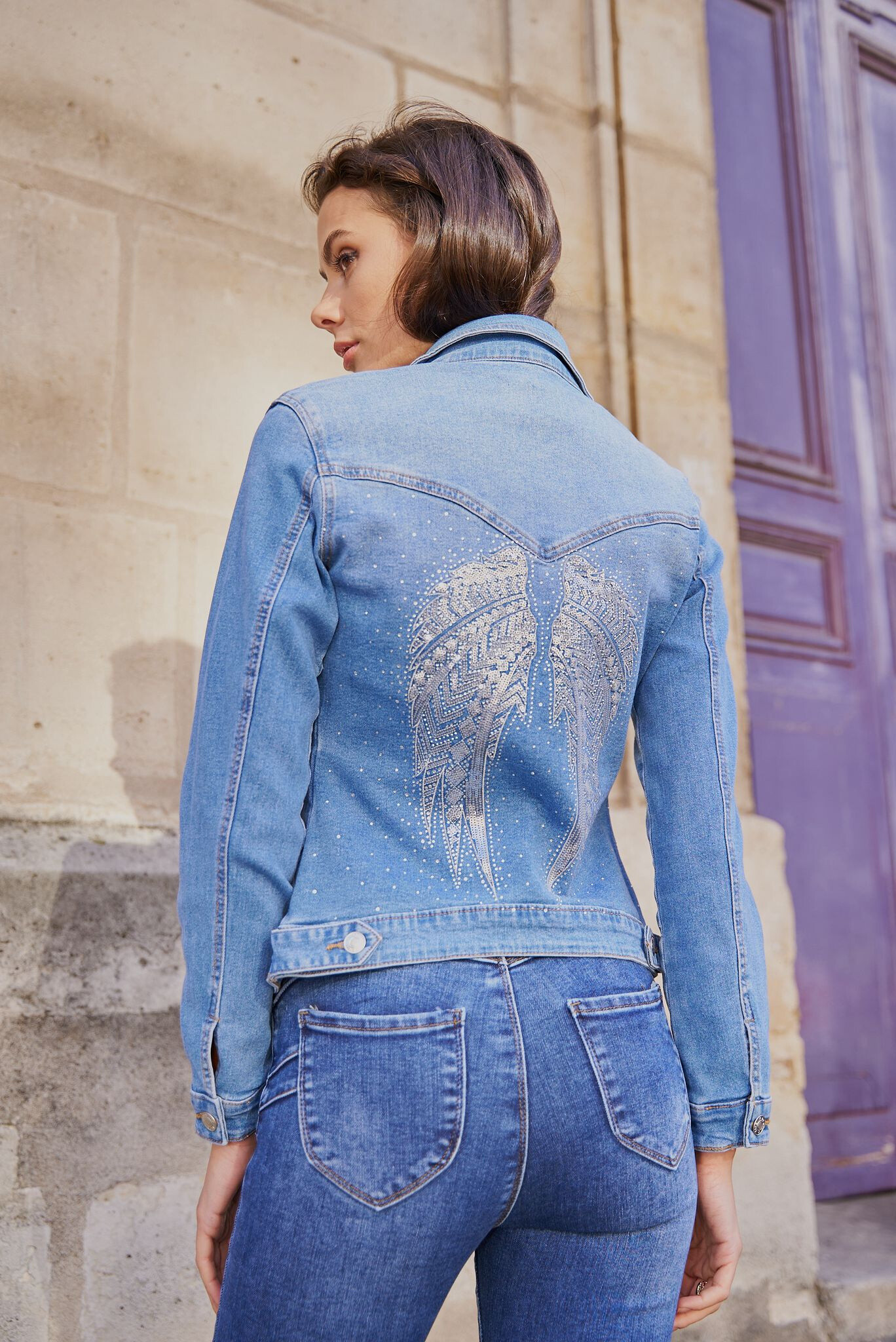 Wholesaler DENIM LIFE - Denim jacket with angel wings on the back
