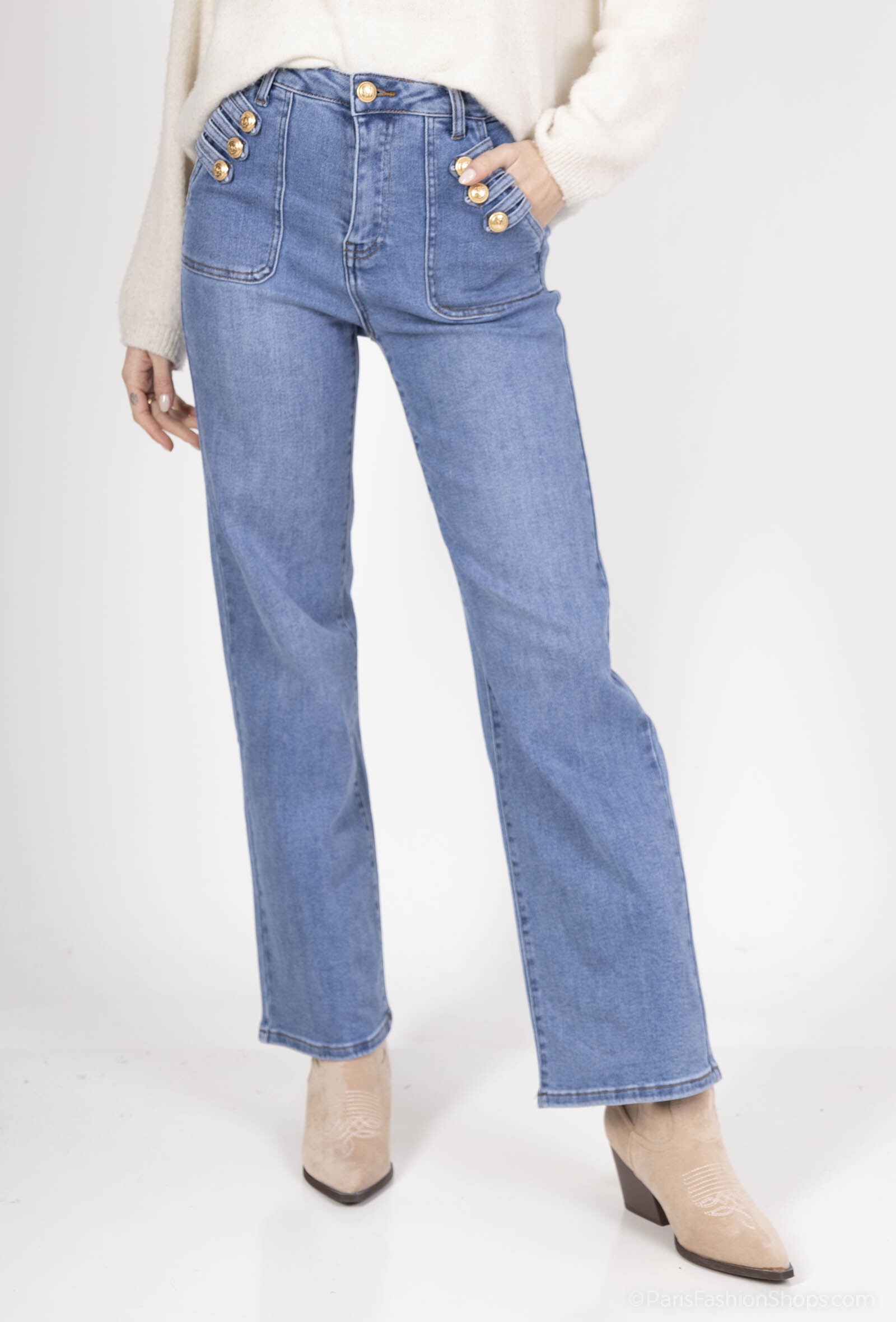 Grossiste DENIM LIFE - Jean wide leg stretch avec boutons dorés