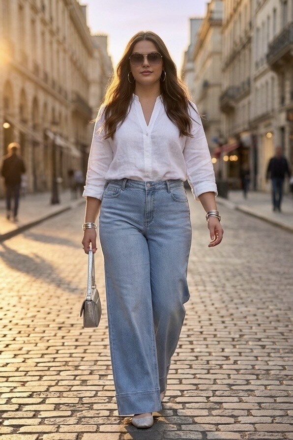 Großhändler DENIM LIFE - Große Größen Stretch-Jeans mit weitem Bein und goldenen Knöpfen