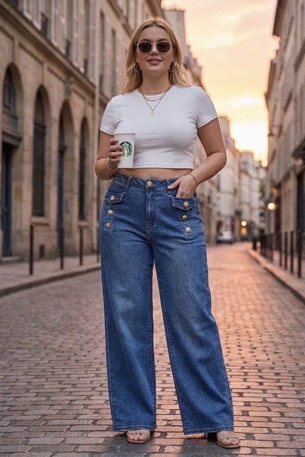 Grossiste DENIM LIFE - Jean grande taille super wide leg stretch à boutons dorés