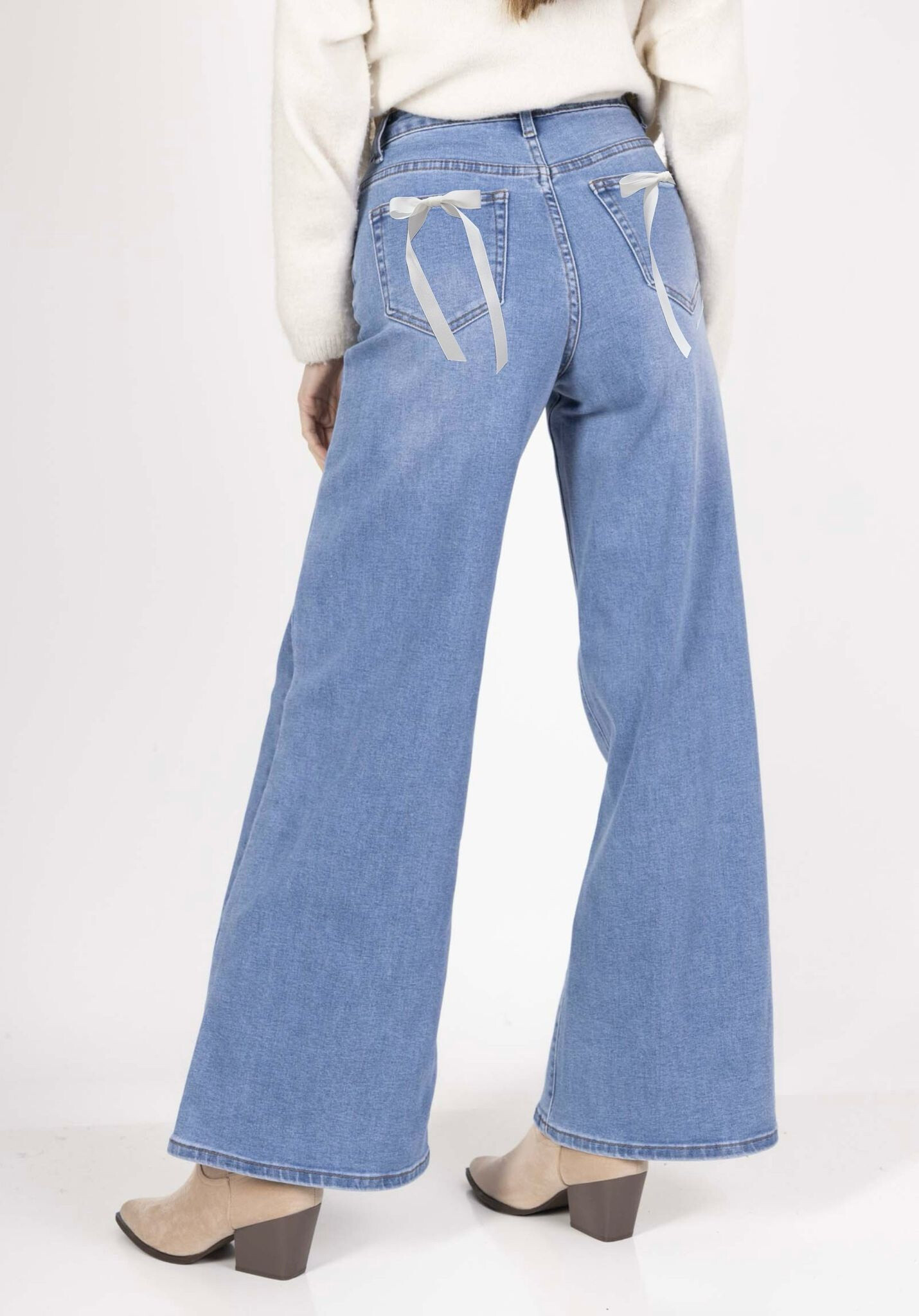 Grossiste DENIM LIFE - Jean Palazzo stretch avec nœuds blancs sur poches arrières