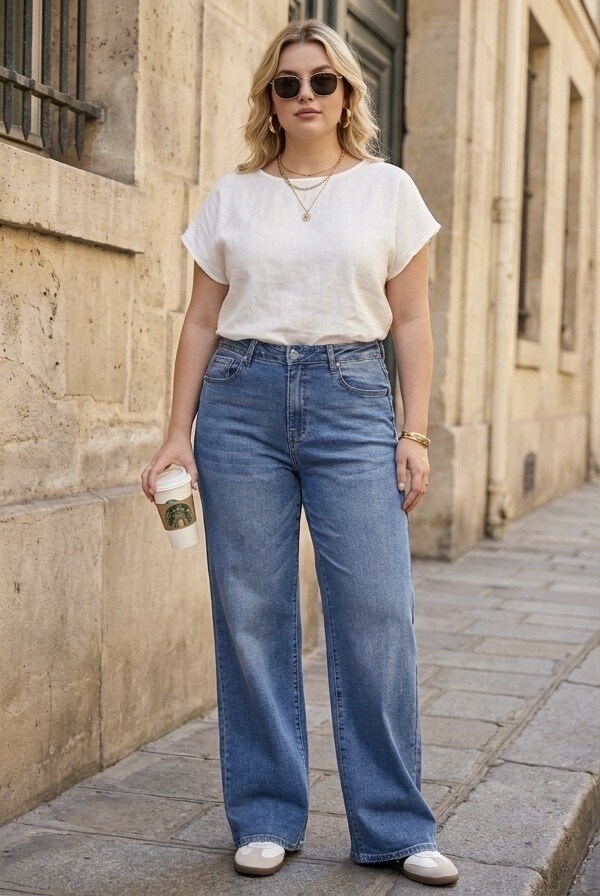Großhändler DENIM LIFE - Weit geschnittene Stretch-Jeans mit überkreuztem Bund in großen Größen.
