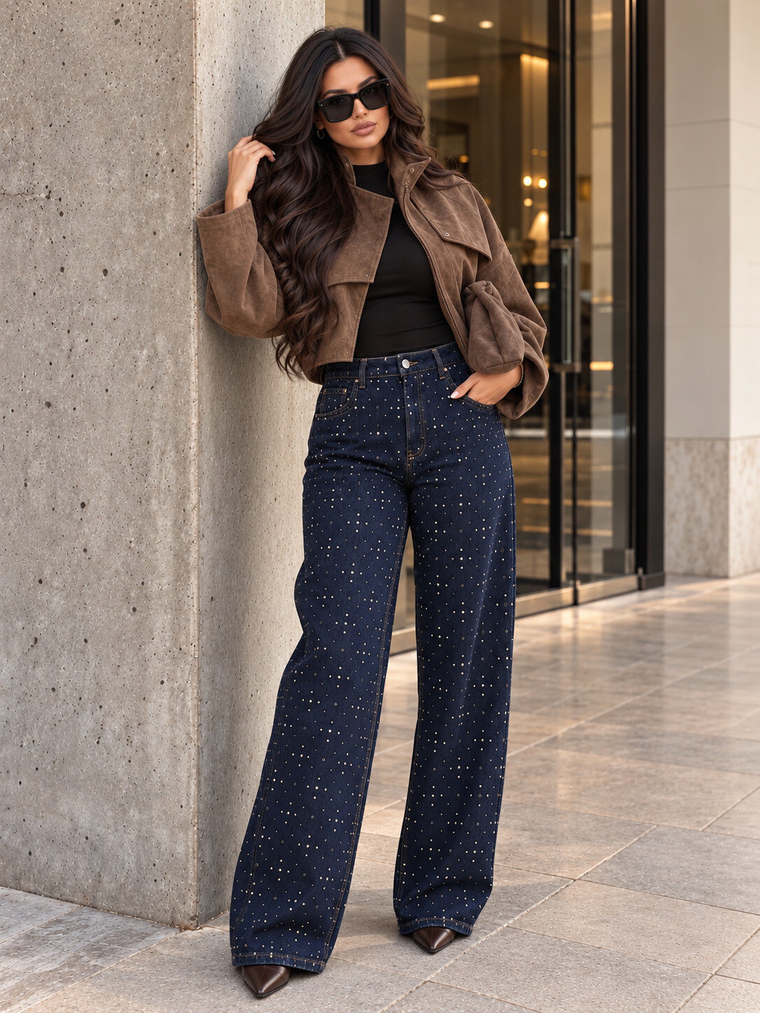Grossiste DENIM LIFE - Jean wide leg grande taille stretch à strass