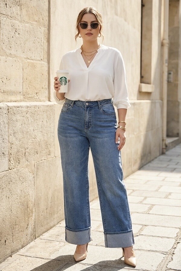Großhändler DENIM LIFE - Weit geschnittene Stretch-Jeans mit überkreuztem Bund in großen Größen.