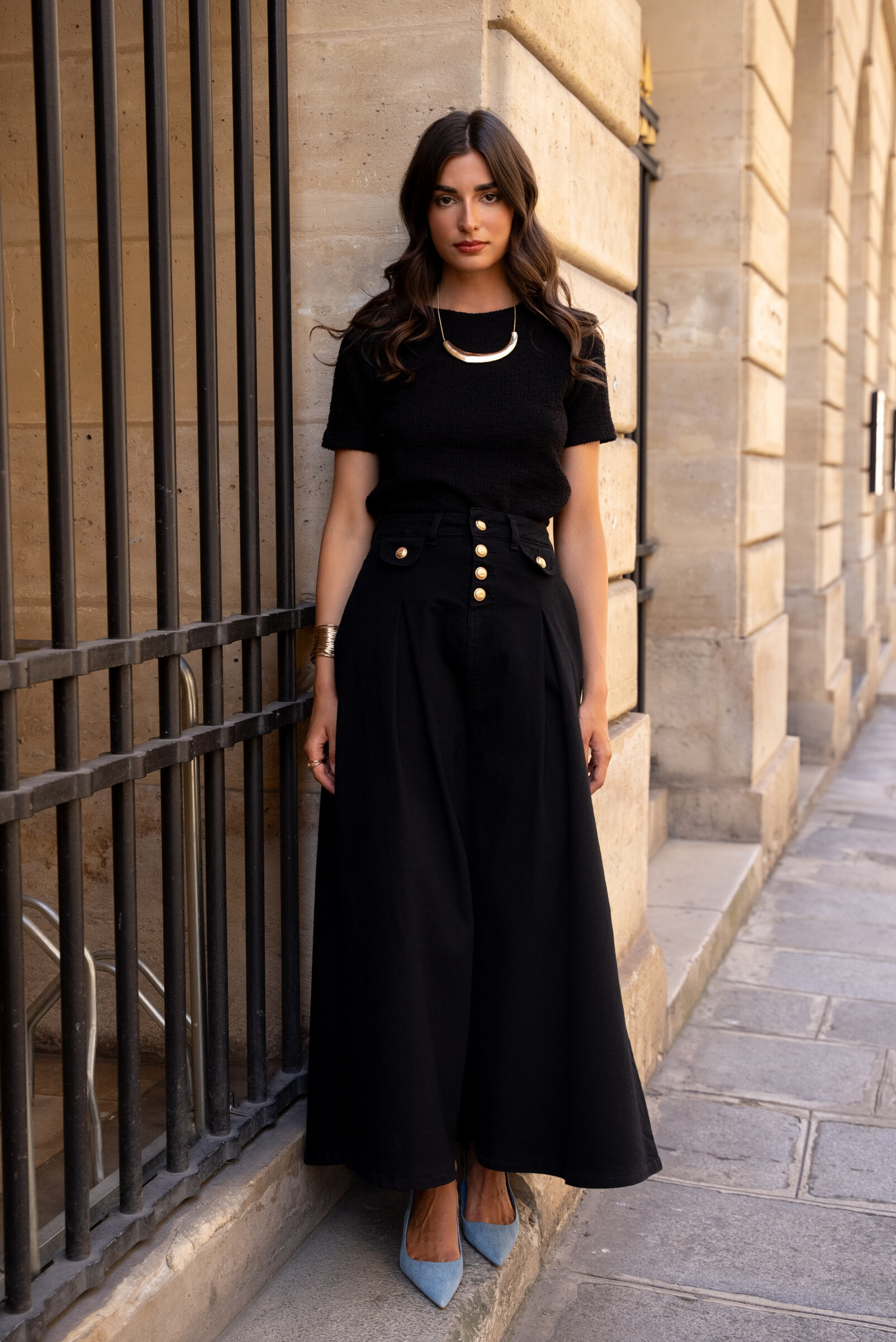 Wholesaler DENIM LIFE - Long flared stretch denim skirt with leopard print
