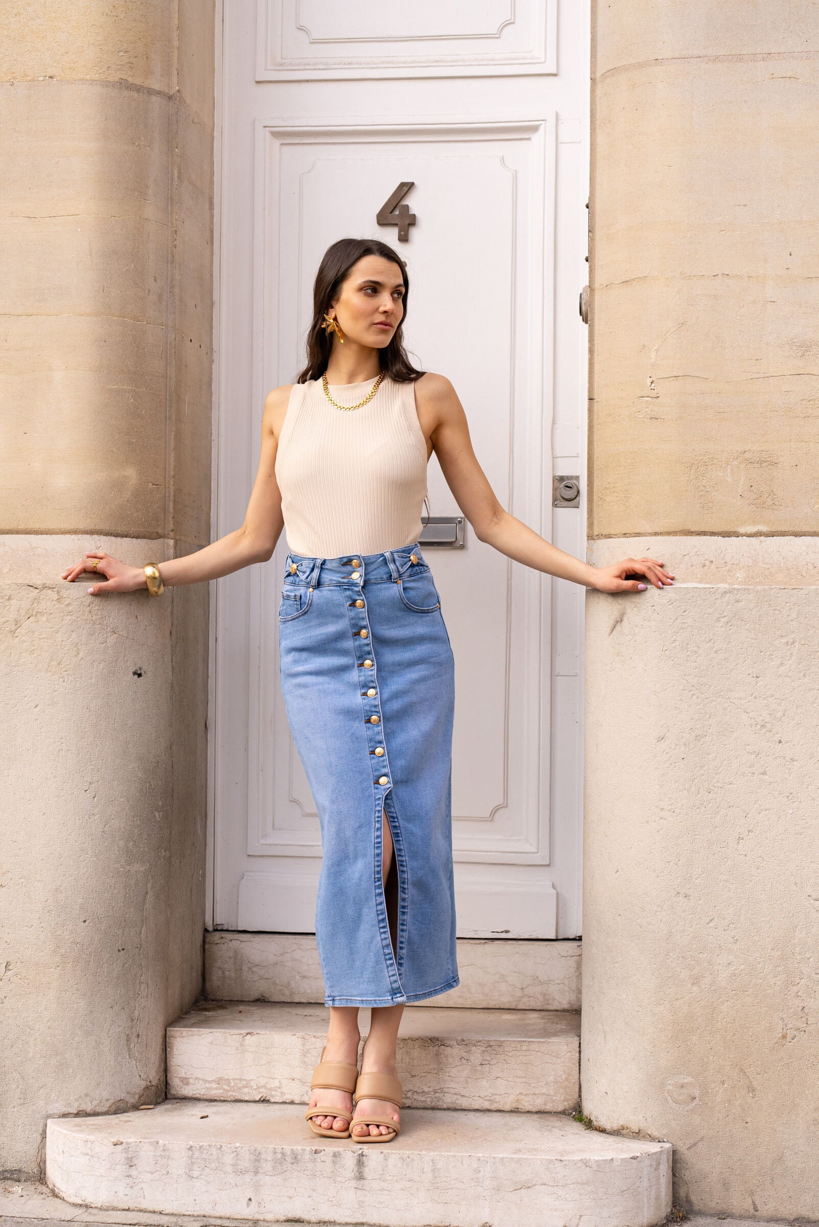 Großhändler DENIM LIFE - Mittlere Länge in Stretch-Jeansrock mit Schmetterlingsknoten