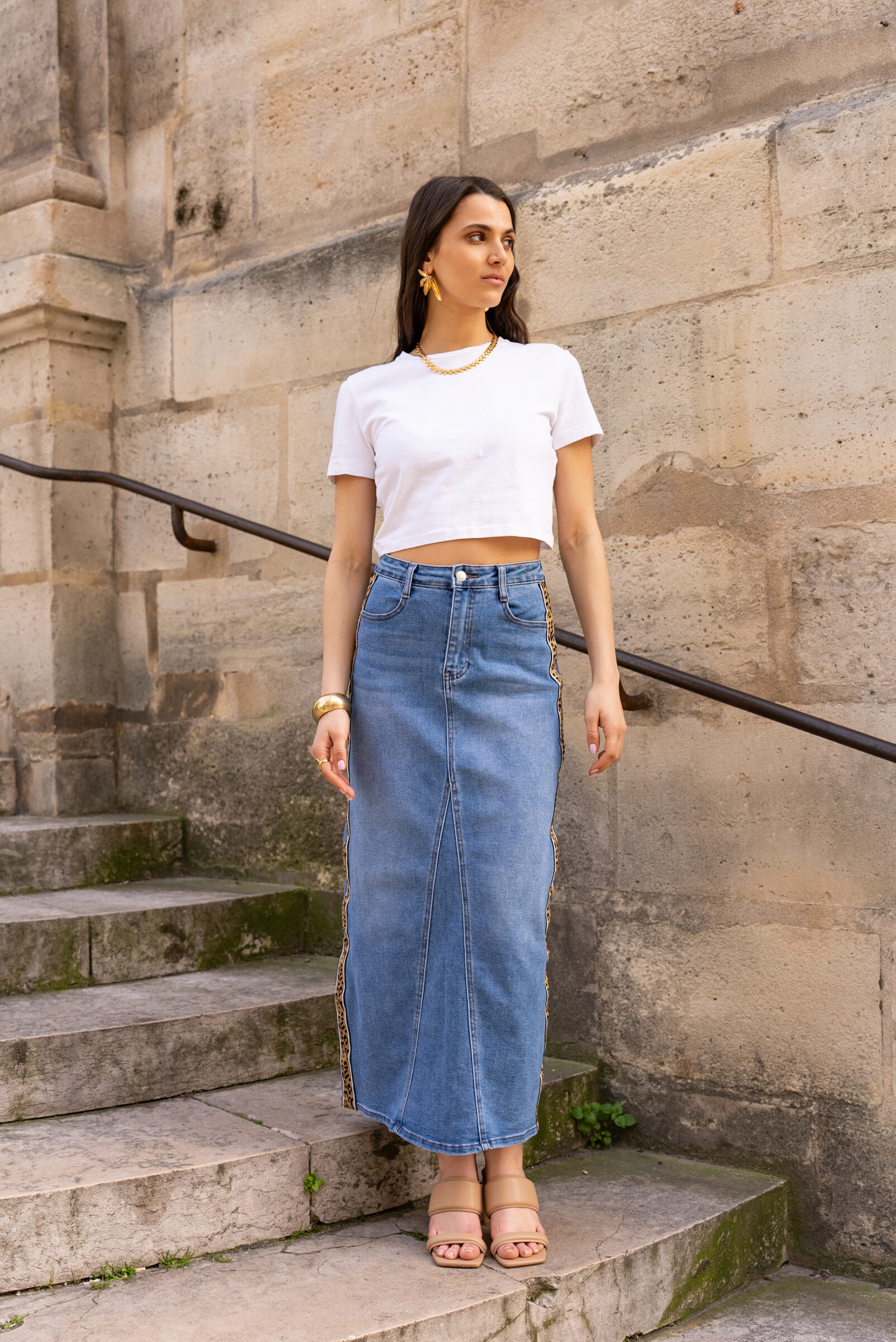 Großhändler DENIM LIFE - Langer Stretch-Jeansrock mit Bändern