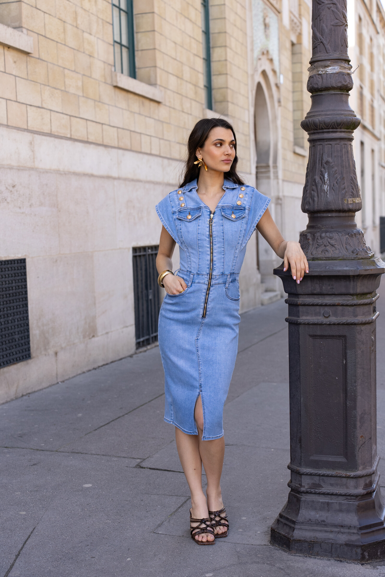 Grossista DENIM LIFE - Abito lungo stretch con maniche lunghe