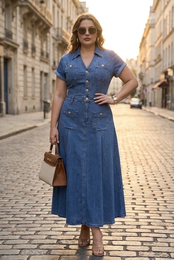 Grossiste DENIM LIFE - Robe longue Grand Taille En Jean à boutons dorés