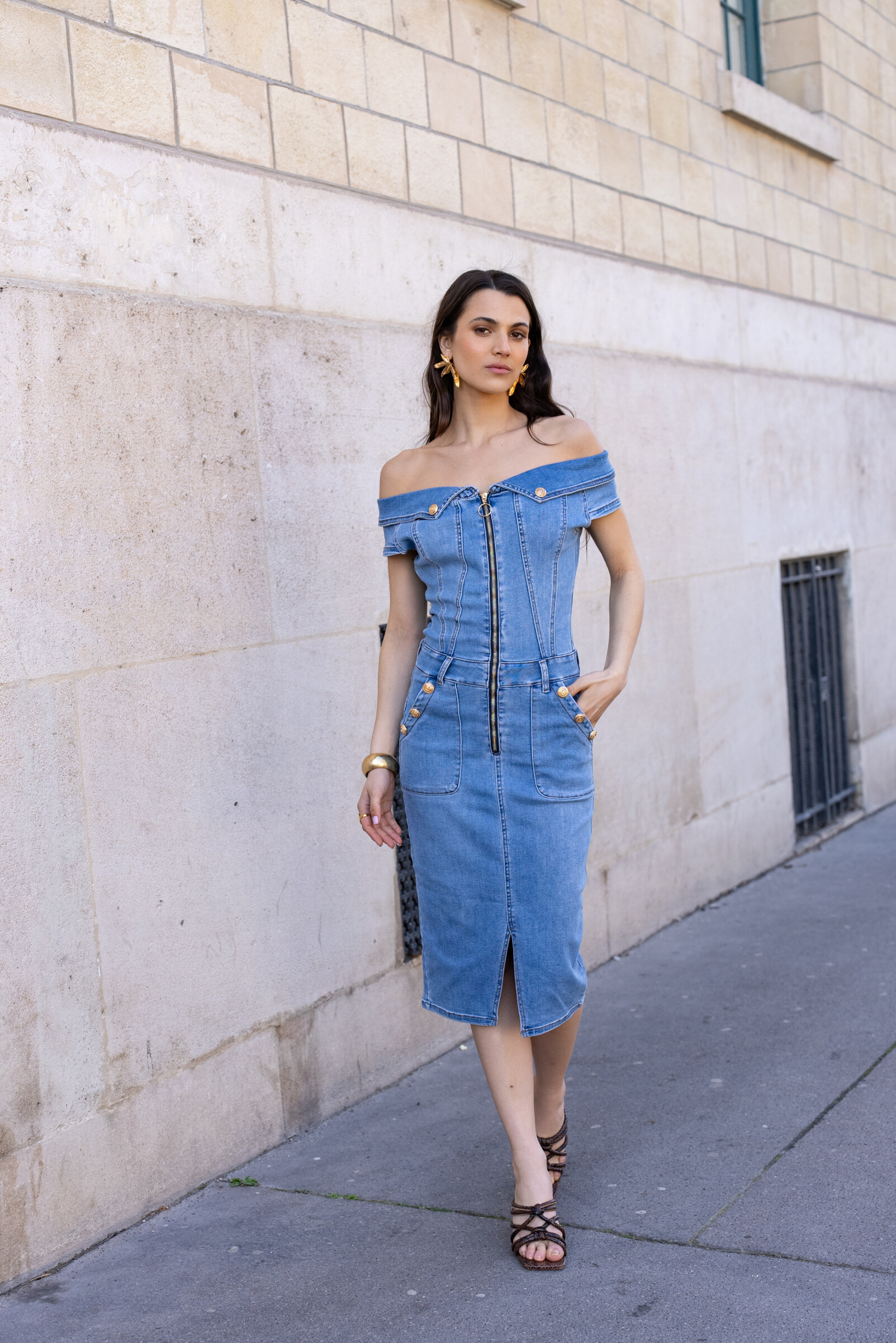 Grossista DENIM LIFE - Abito lungo stretch con maniche lunghe