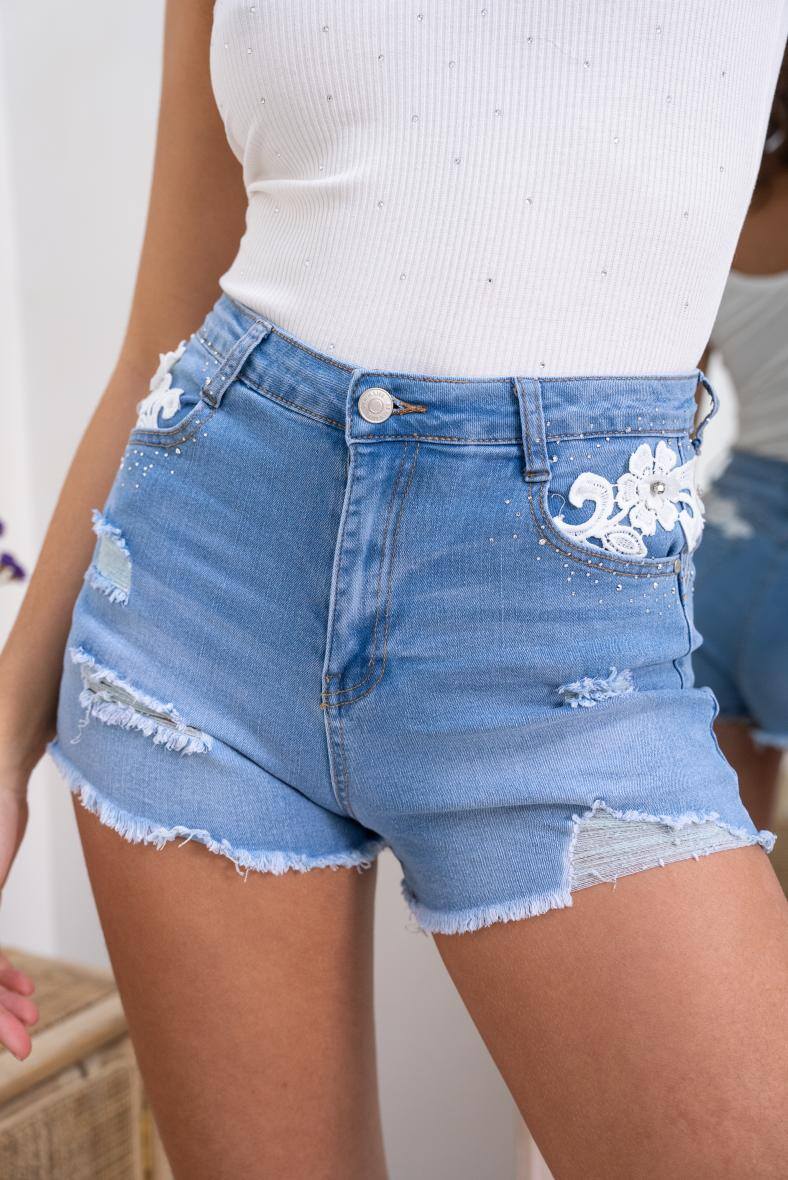 Short jean fashion dentelle