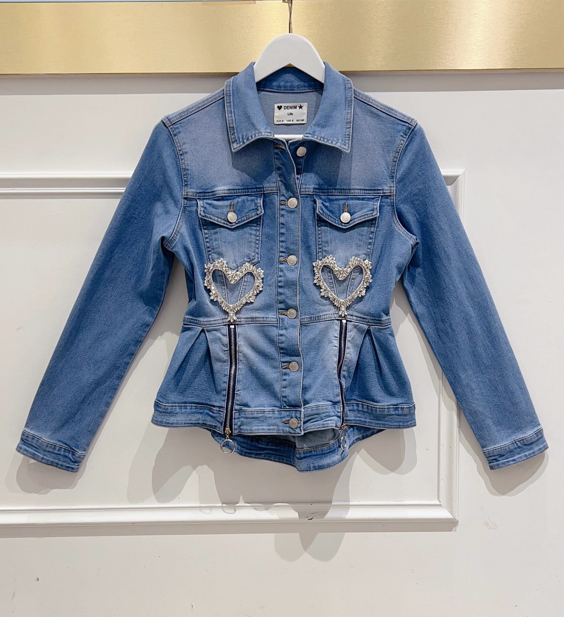 Grossista DENIM LIFE - Giacca di jeans elasticizzata a balze svasata