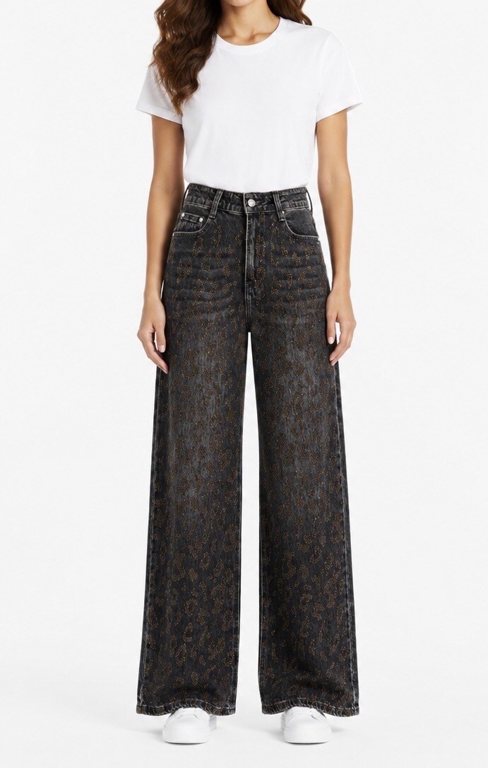 Grossiste DENIM QUEEN - Jean Mom Stretchy Léopard Noir
