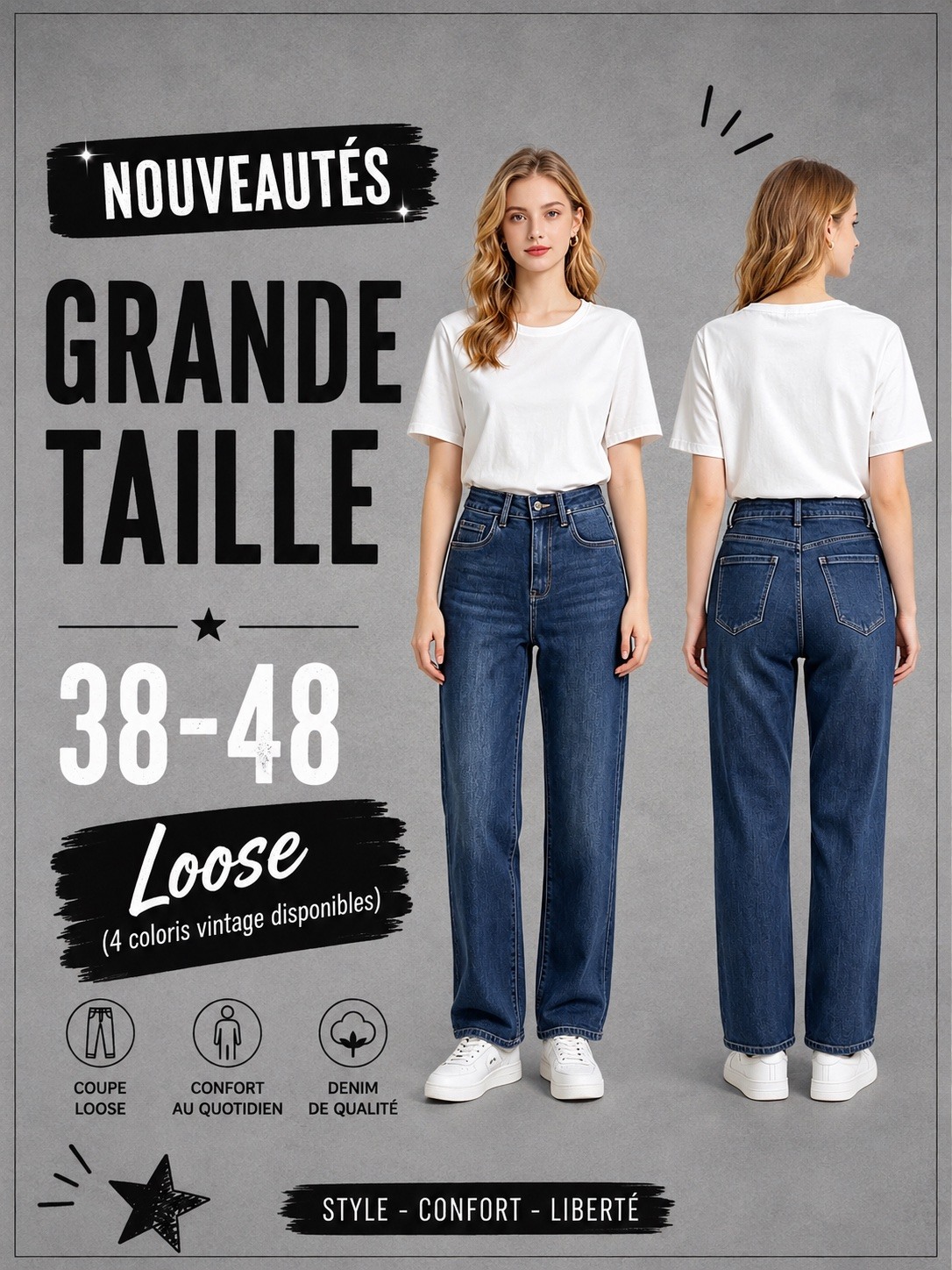 Grossiste DESTINA - Jean Loose droit délavé GT : 38-48